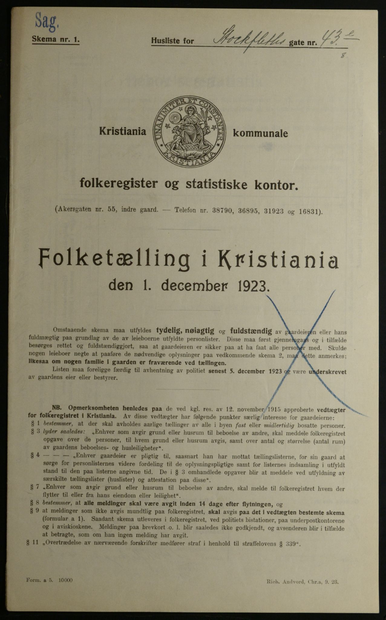 OBA, Kommunal folketelling 1.12.1923 for Kristiania, 1923, s. 113168