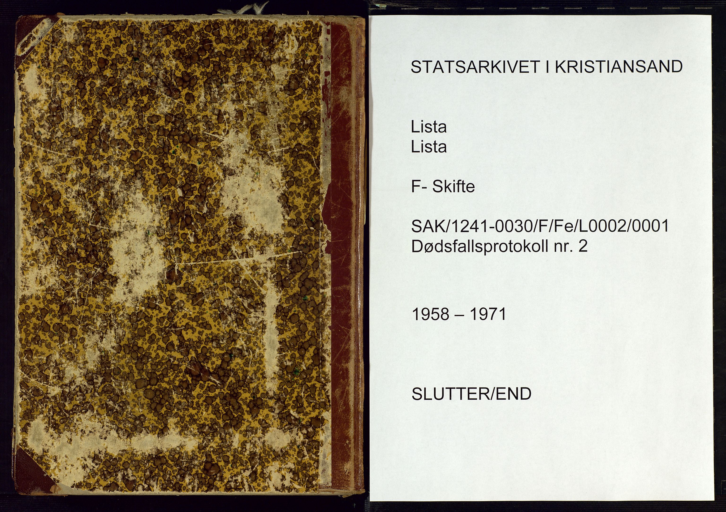 Lista lensmannskontor, AV/SAK-1241-0030/F/Fe/L0002/0001: Dødsfallsprotokoller nr 13 / Dødsfallsprotokoll, 1958-1971