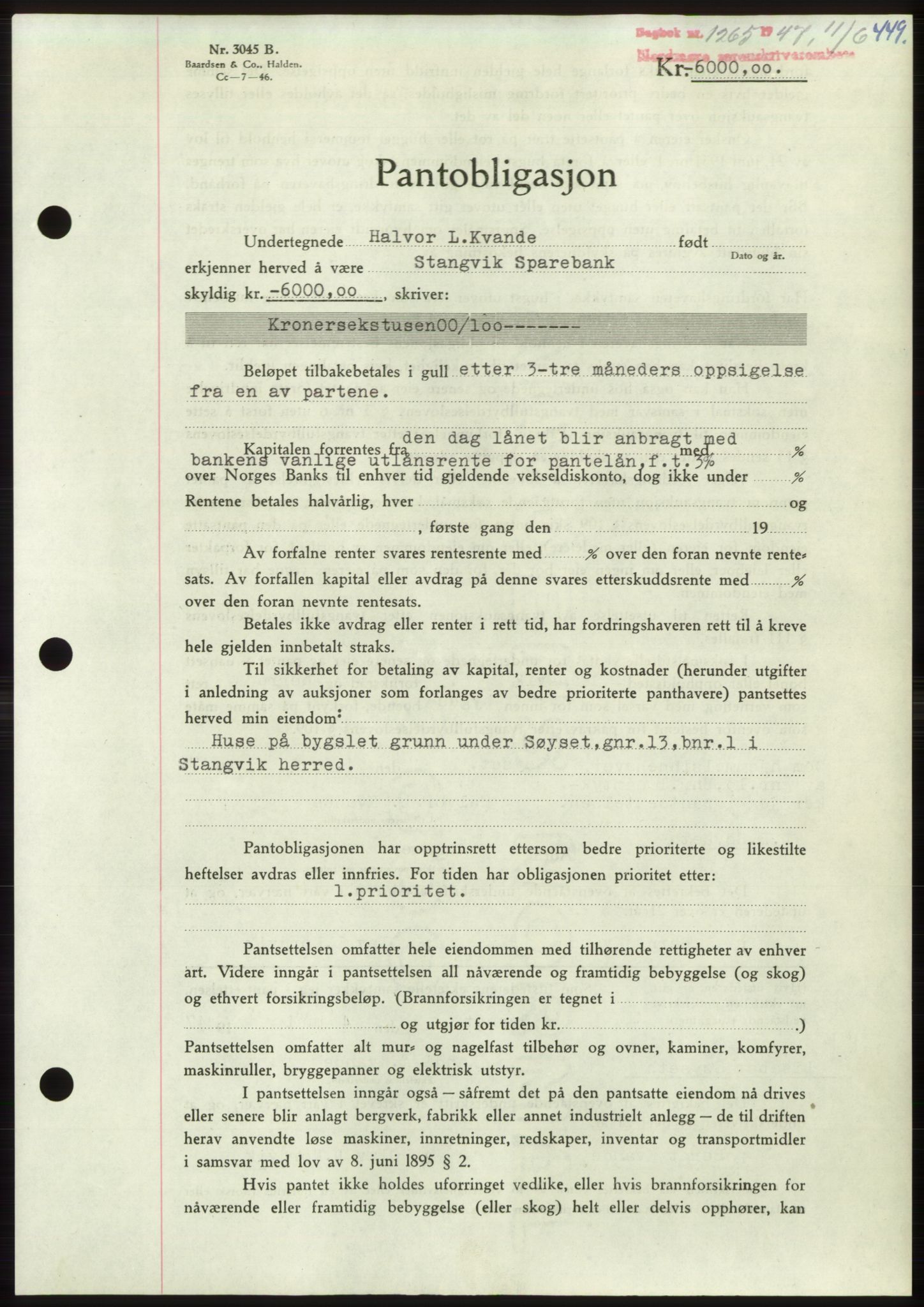 Nordmøre sorenskriveri, AV/SAT-A-4132/1/2/2Ca: Pantebok nr. B96, 1947-1947, Dagboknr: 1265/1947