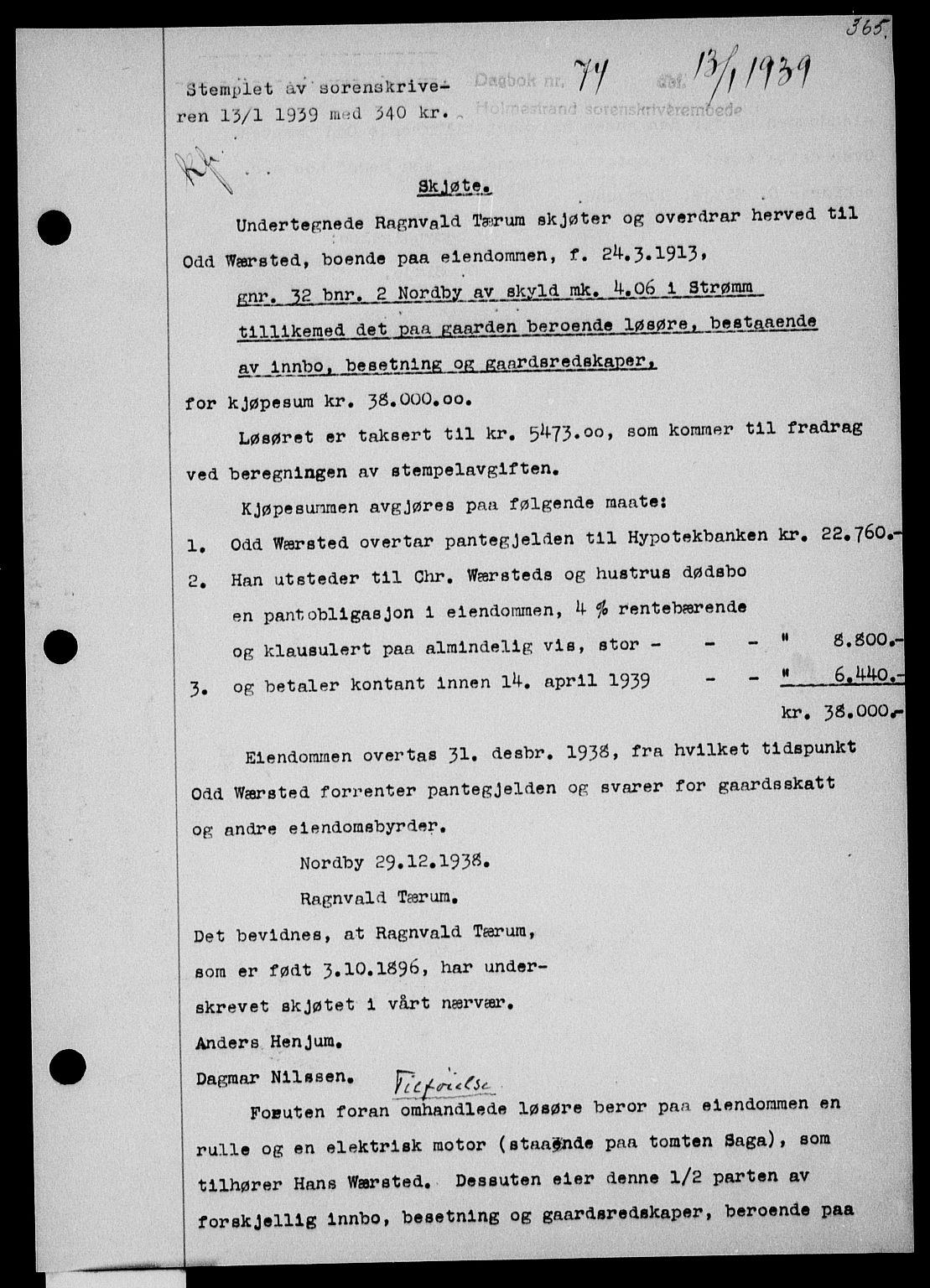 Holmestrand sorenskriveri, SAKO/A-67/G/Ga/Gaa/L0050: Pantebok nr. A-50, 1938-1939, Dagboknr: 74/1939
