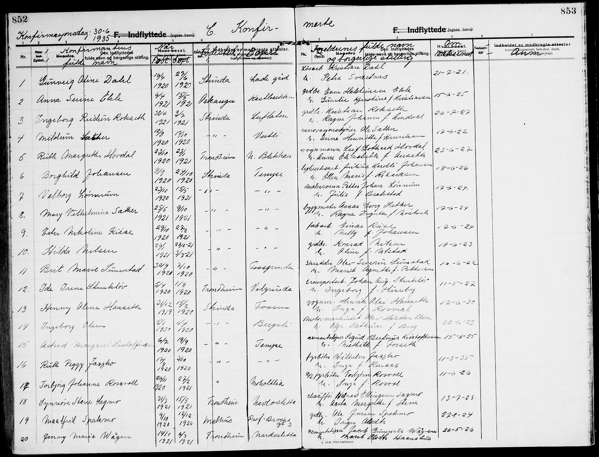 Ministerialprotokoller, klokkerbøker og fødselsregistre - Sør-Trøndelag, AV/SAT-A-1456/607/L0321: Ministerialbok nr. 607A05, 1916-1935, s. 852-853