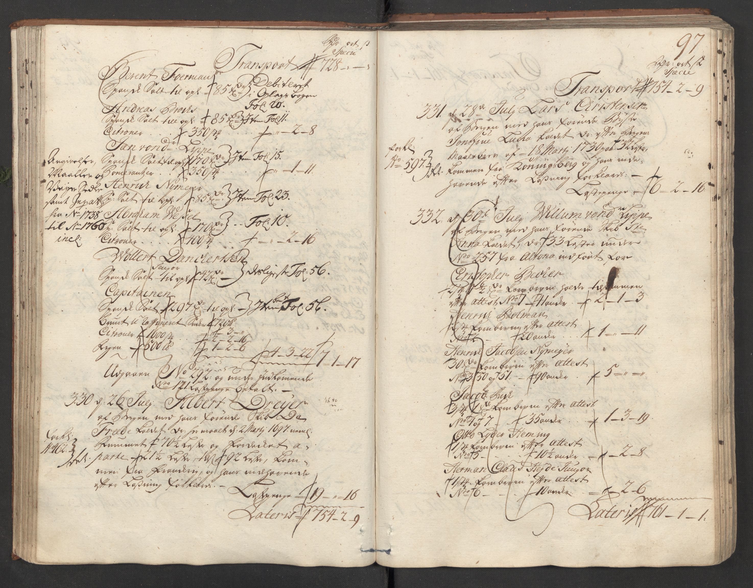 Generaltollkammeret, tollregnskaper, AV/RA-EA-5490/R26/L0016/0001: Tollregnskaper Bergen A / Inngående hovedtollbok, 1731, s. 96b-97a