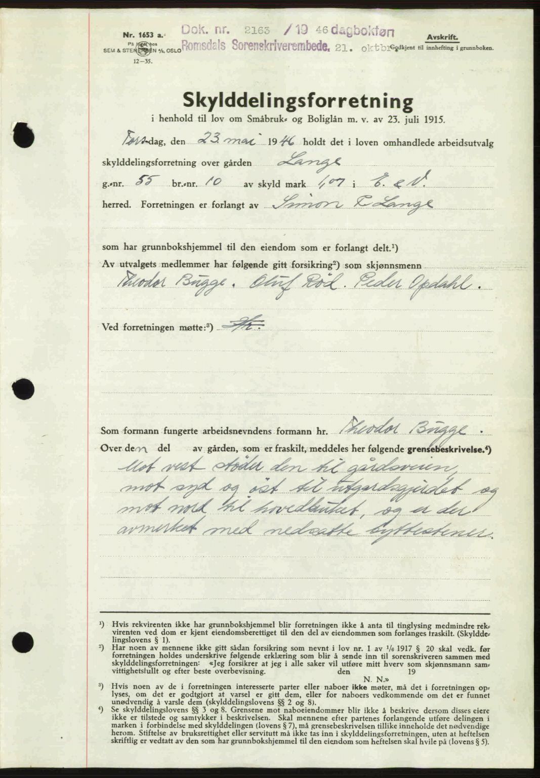 Romsdal sorenskriveri, AV/SAT-A-4149/1/2/2C: Pantebok nr. A21, 1946-1946, Dagboknr: 2163/1946