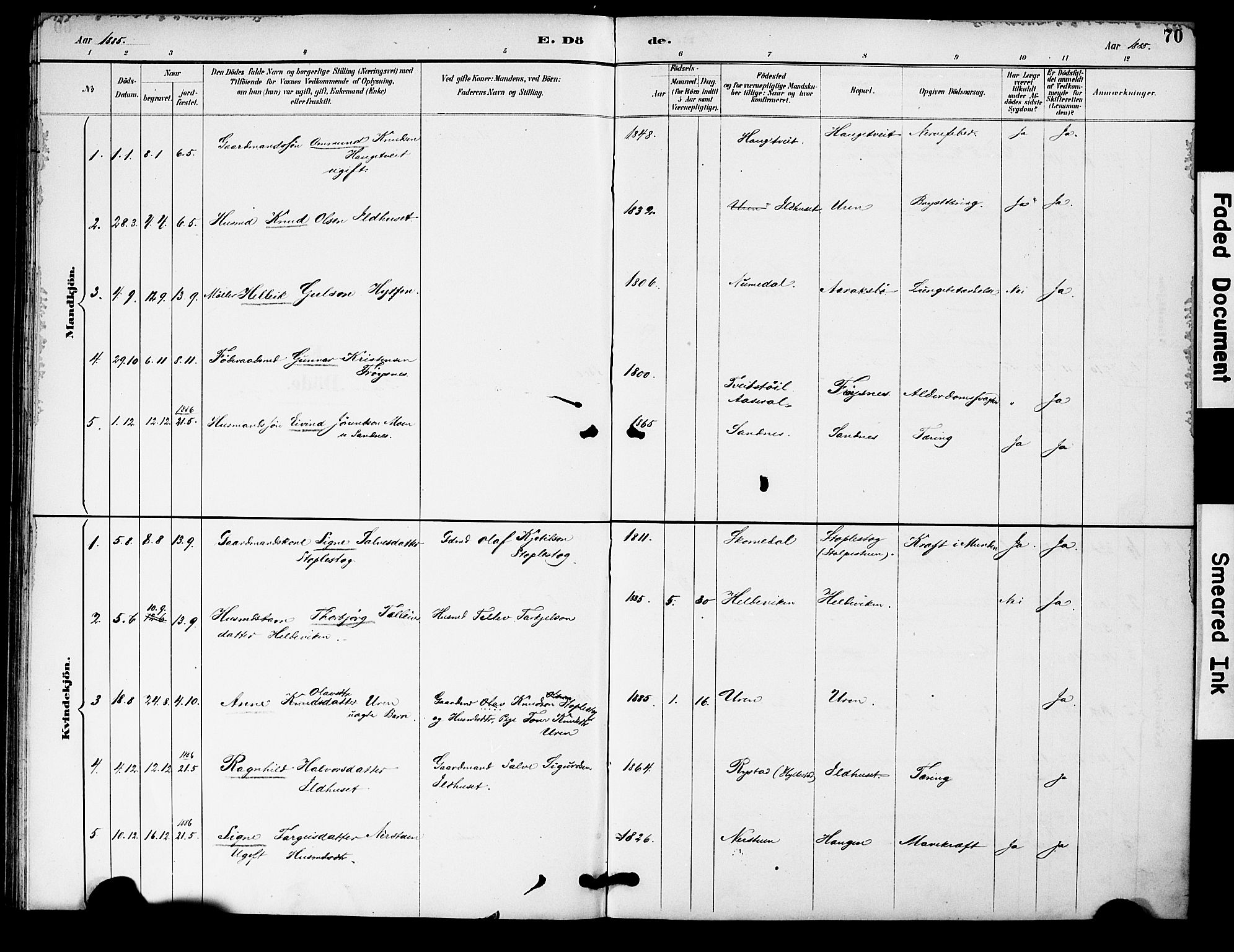 Bygland sokneprestkontor, SAK/1111-0006/F/Fa/Fac/L0001: Ministerialbok nr. A 1, 1885-1909, s. 70