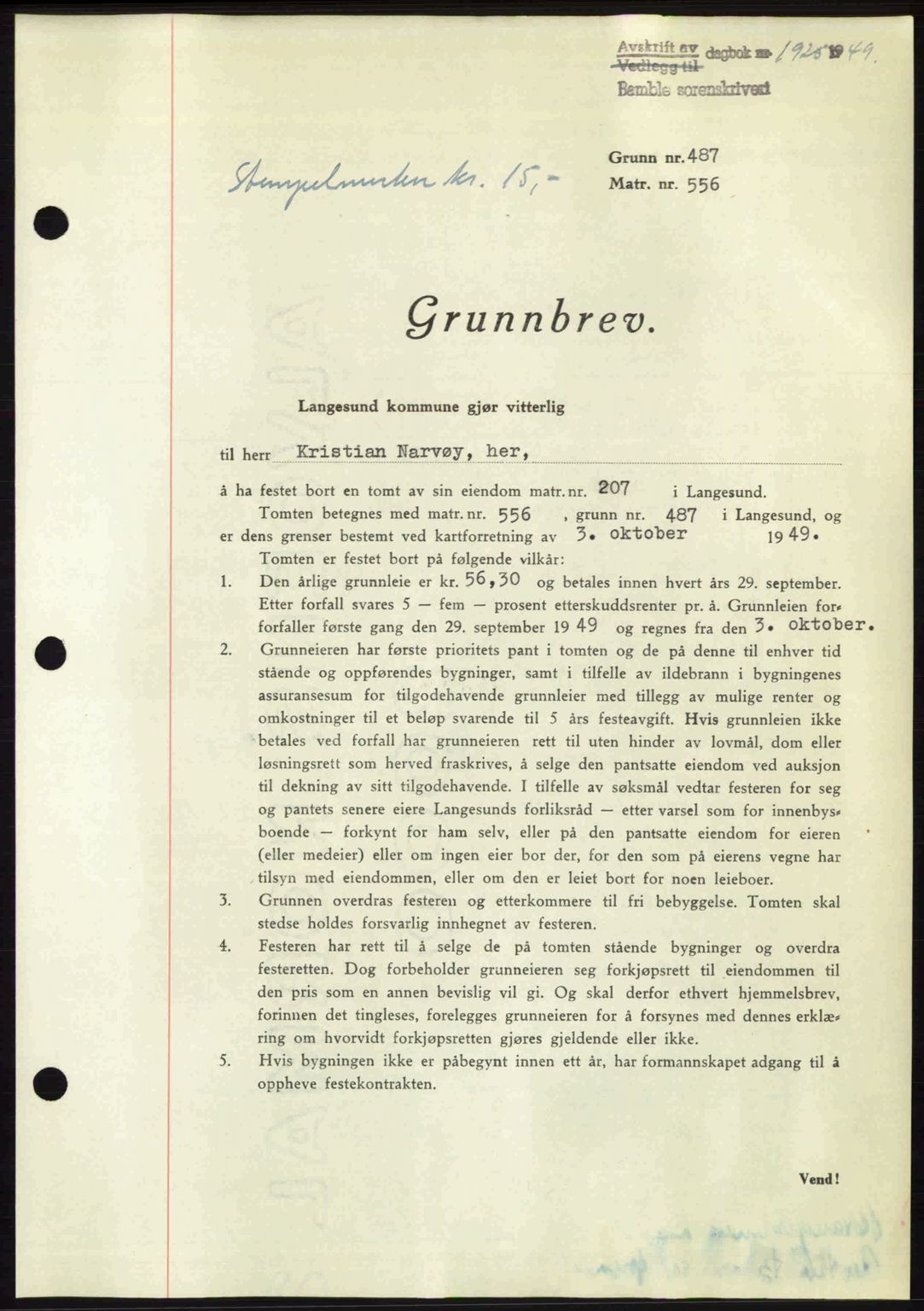 Bamble sorenskriveri, SAKO/A-214/G/Ga/Gag/L0015: Pantebok nr. A-15, 1949-1949, Dagboknr: 1925/1949