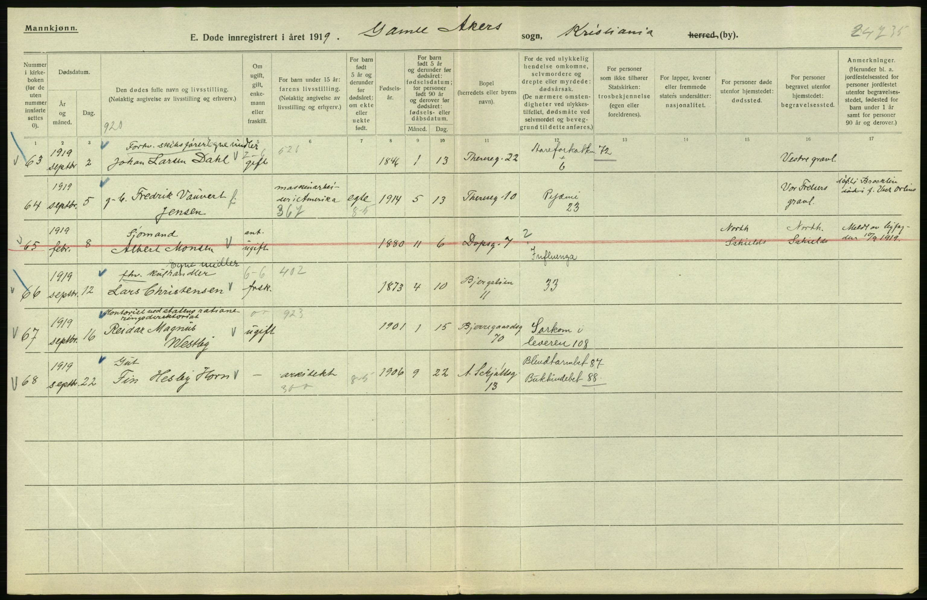 Statistisk sentralbyrå, Sosiodemografiske emner, Befolkning, AV/RA-S-2228/D/Df/Dfb/Dfbi/L0011: Kristiania: Døde, dødfødte, 1919