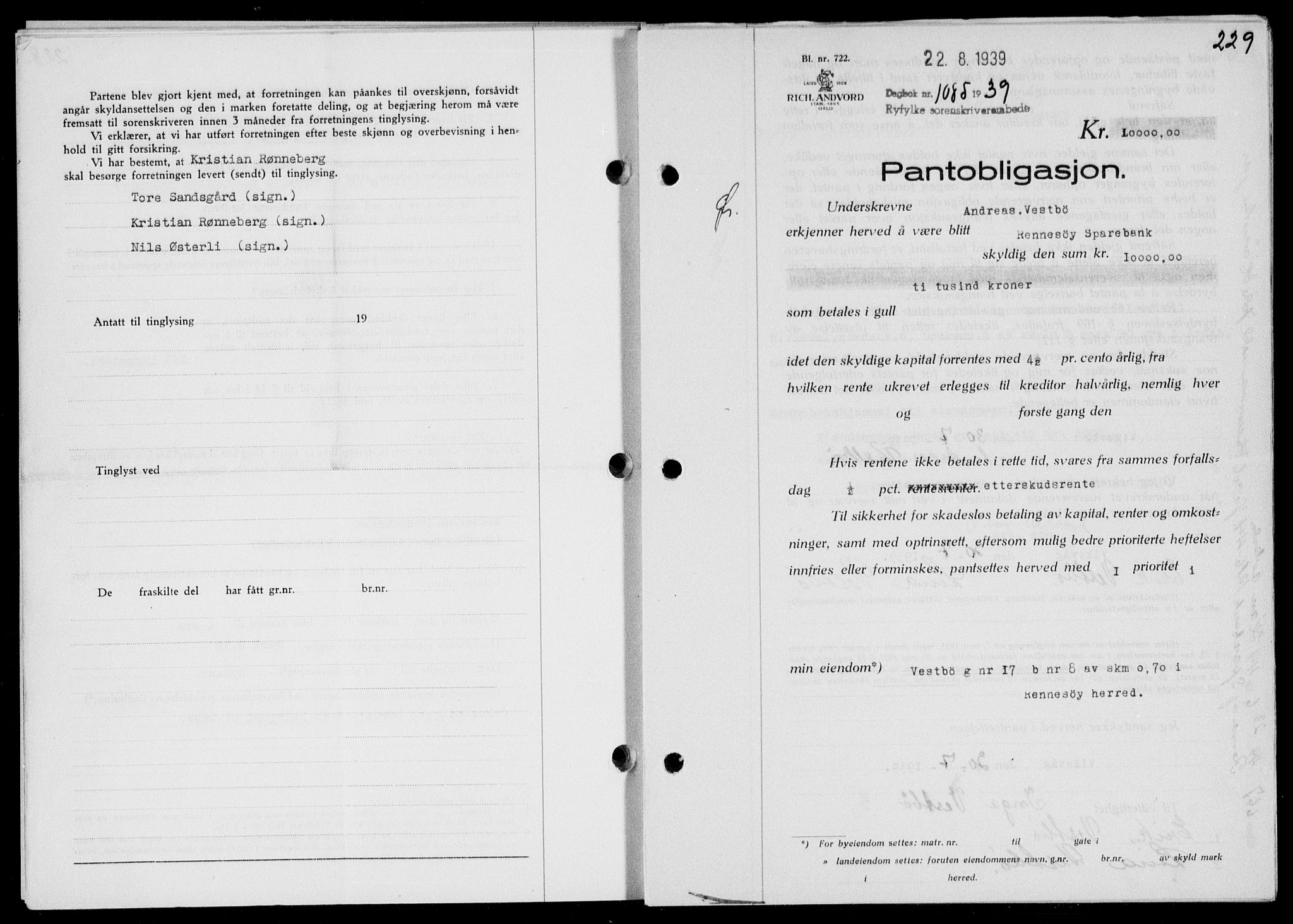 Ryfylke tingrett, SAST/A-100055/001/II/IIB/L0080: Pantebok nr. 59, 1939-1939, Dagboknr: 1085/1939