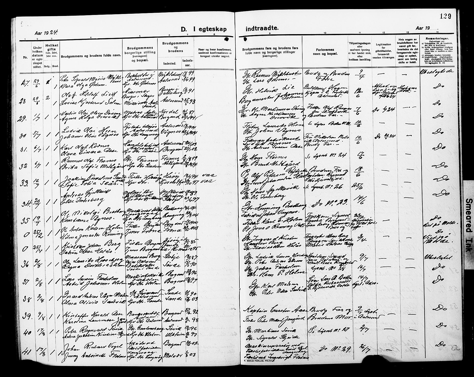 Ministerialprotokoller, klokkerbøker og fødselsregistre - Møre og Romsdal, AV/SAT-A-1454/528/L0434: Klokkerbok nr. 528C15, 1919-1927, s. 129