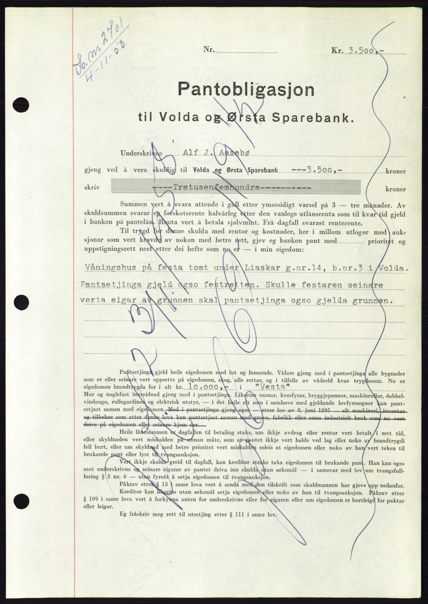 Søre Sunnmøre sorenskriveri, AV/SAT-A-4122/1/2/2C/L0124: Pantebok nr. 12B, 1953-1954, Dagboknr: 2701/1953