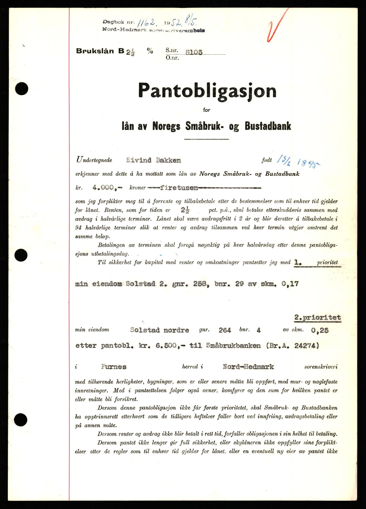Nord-Hedmark sorenskriveri, SAH/TING-012/H/Hb/Hbf/L0025: Pantebok nr. B25, 1952-1952, Dagboknr: 1162/1952