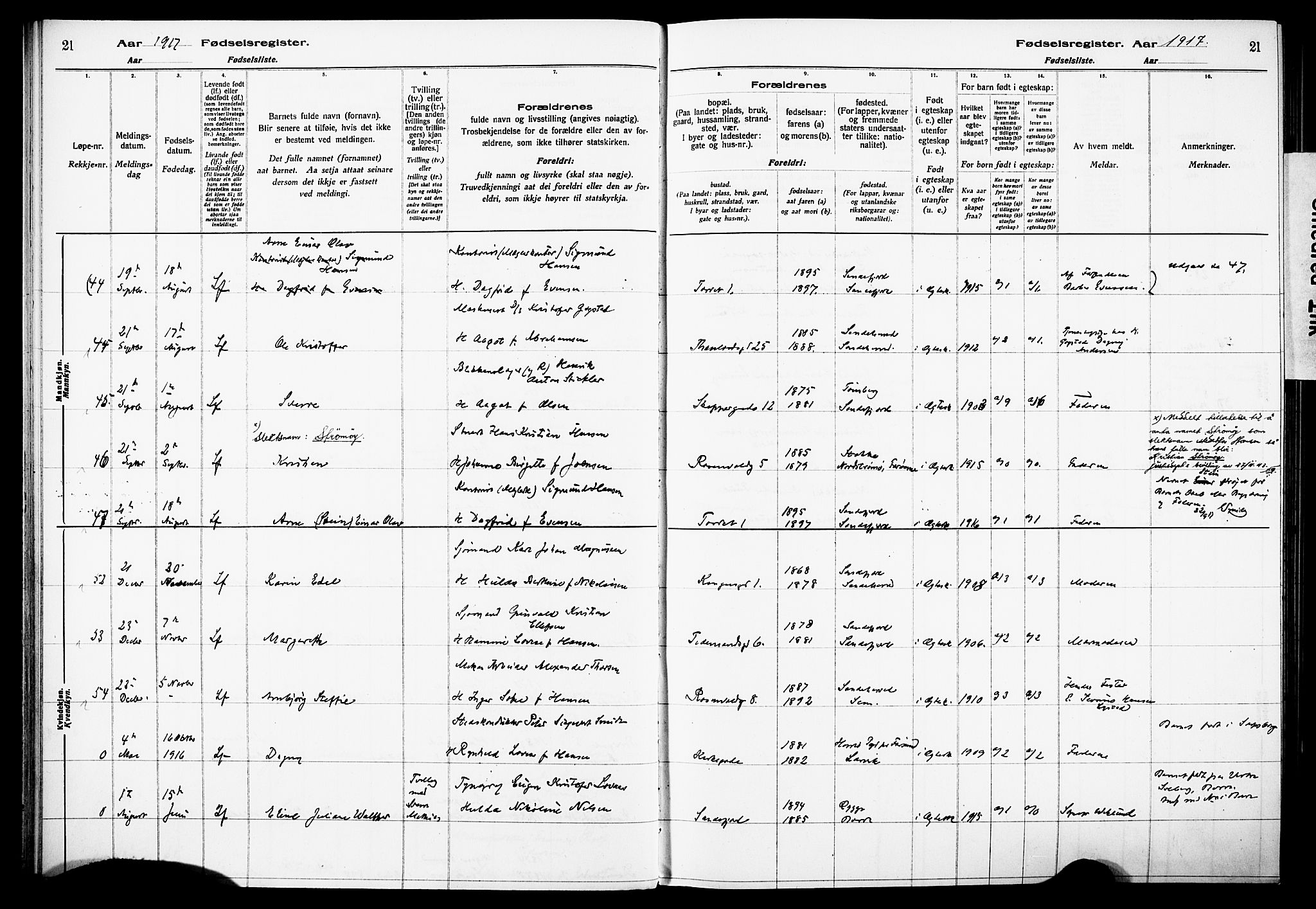 Sandefjord kirkebøker, AV/SAKO-A-315/J/Ja/L0001: Fødselsregister nr. 1, 1916-1932, s. 21