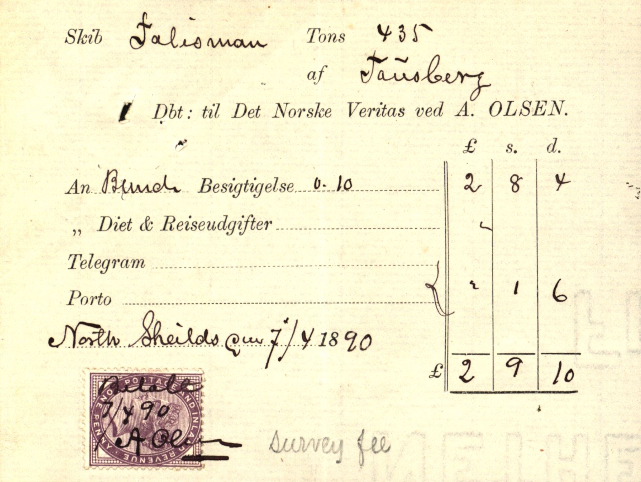 Pa 63 - Østlandske skibsassuranceforening, VEMU/A-1079/G/Ga/L0025/0008: Havaridokumenter / Talisman, Velax, 1890, s. 41