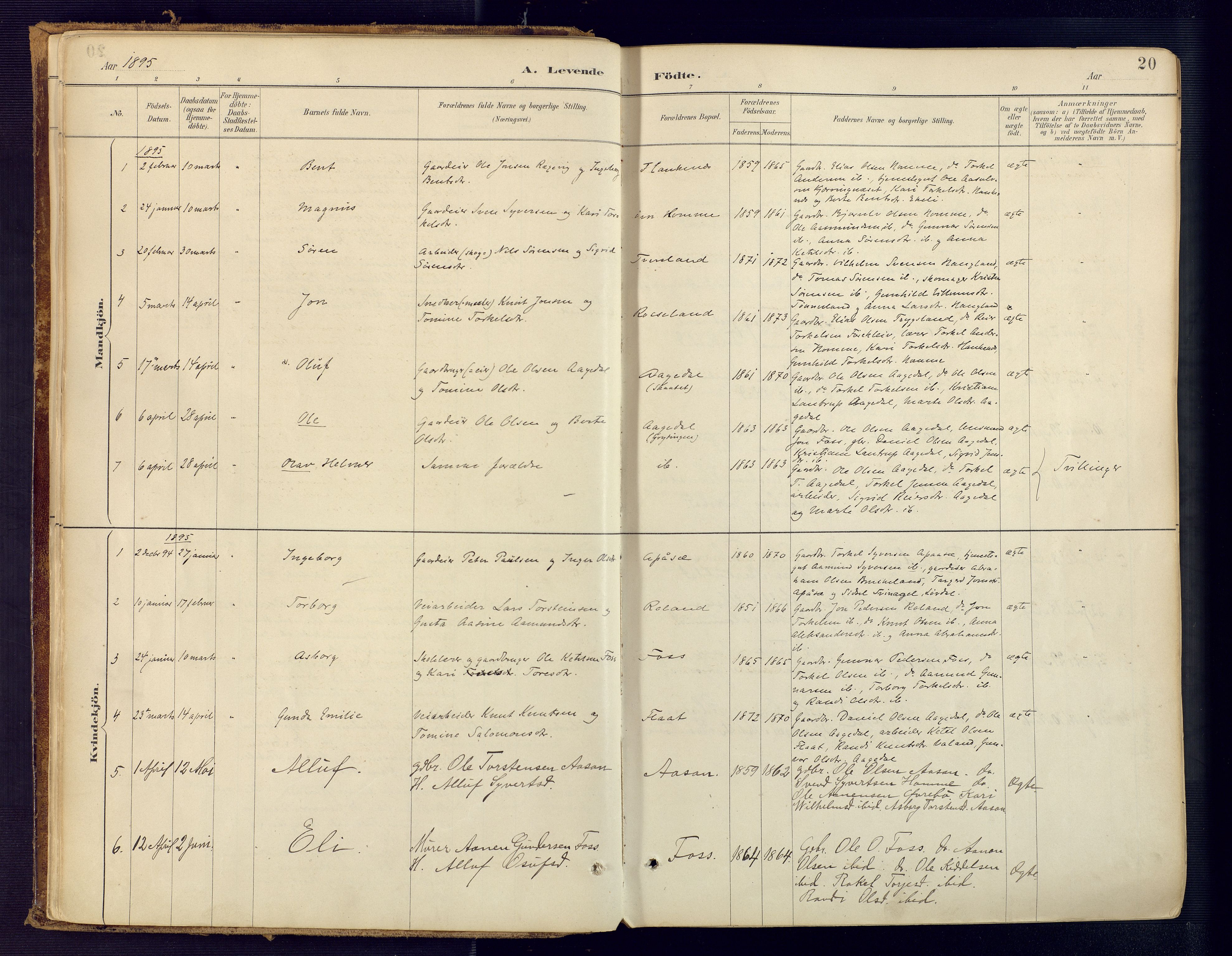Bjelland sokneprestkontor, AV/SAK-1111-0005/F/Fa/Faa/L0004: Ministerialbok nr. A 4, 1887-1923, s. 20