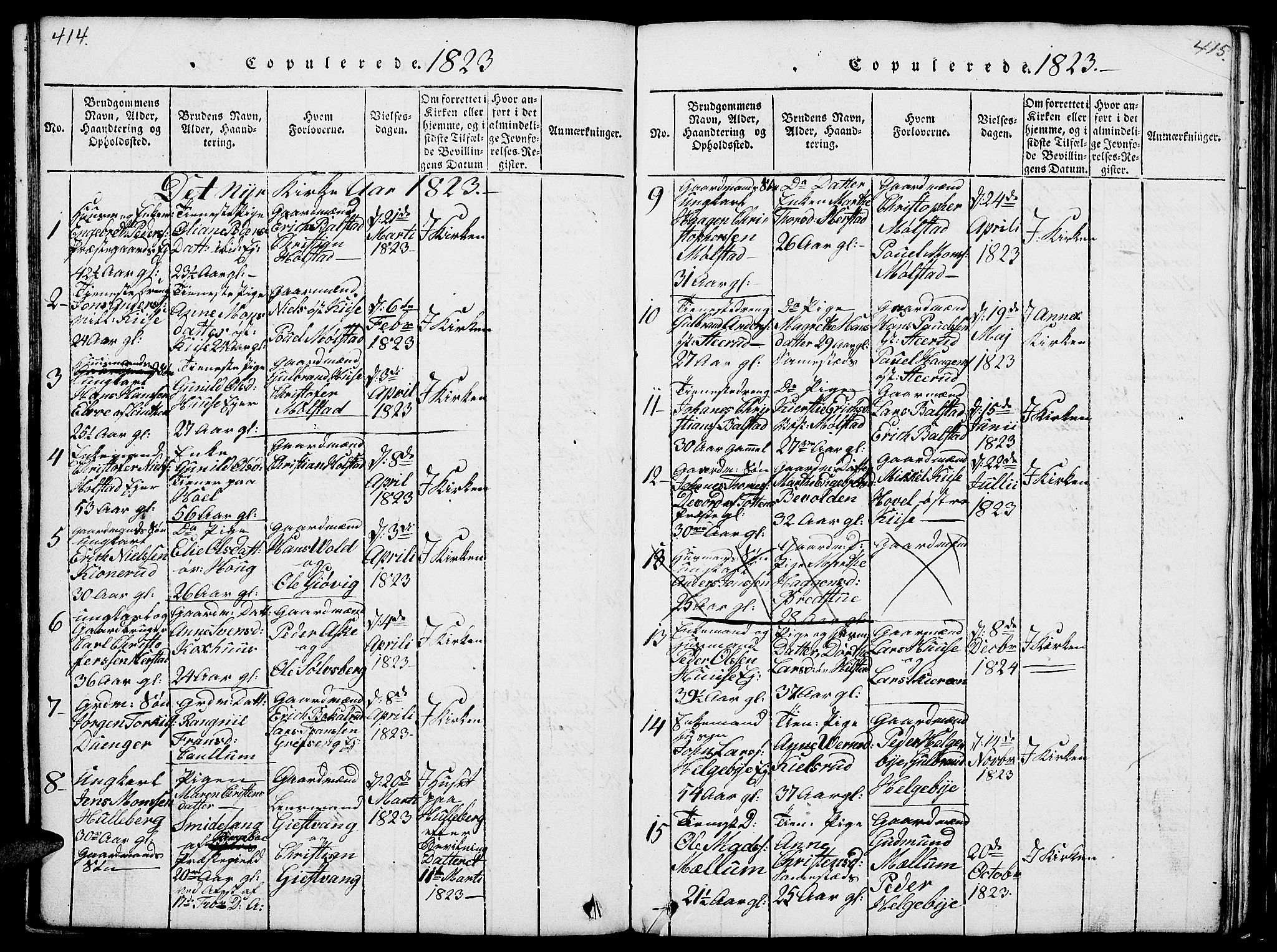 Nes prestekontor, Hedmark, SAH/PREST-020/L/La/L0003: Klokkerbok nr. 3, 1814-1831, s. 414-415