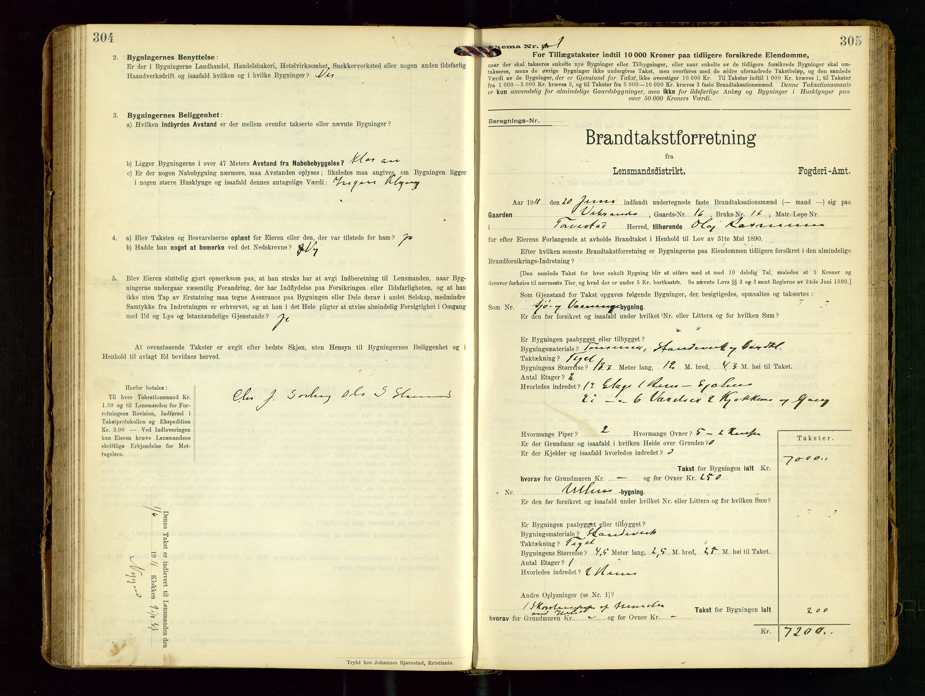 Torvestad lensmannskontor, SAST/A-100307/1/Gob/L0004: "Brandtaxationsprotokol for Torvestad Lensmannsdistrikt", 1909-1923, s. 304-305