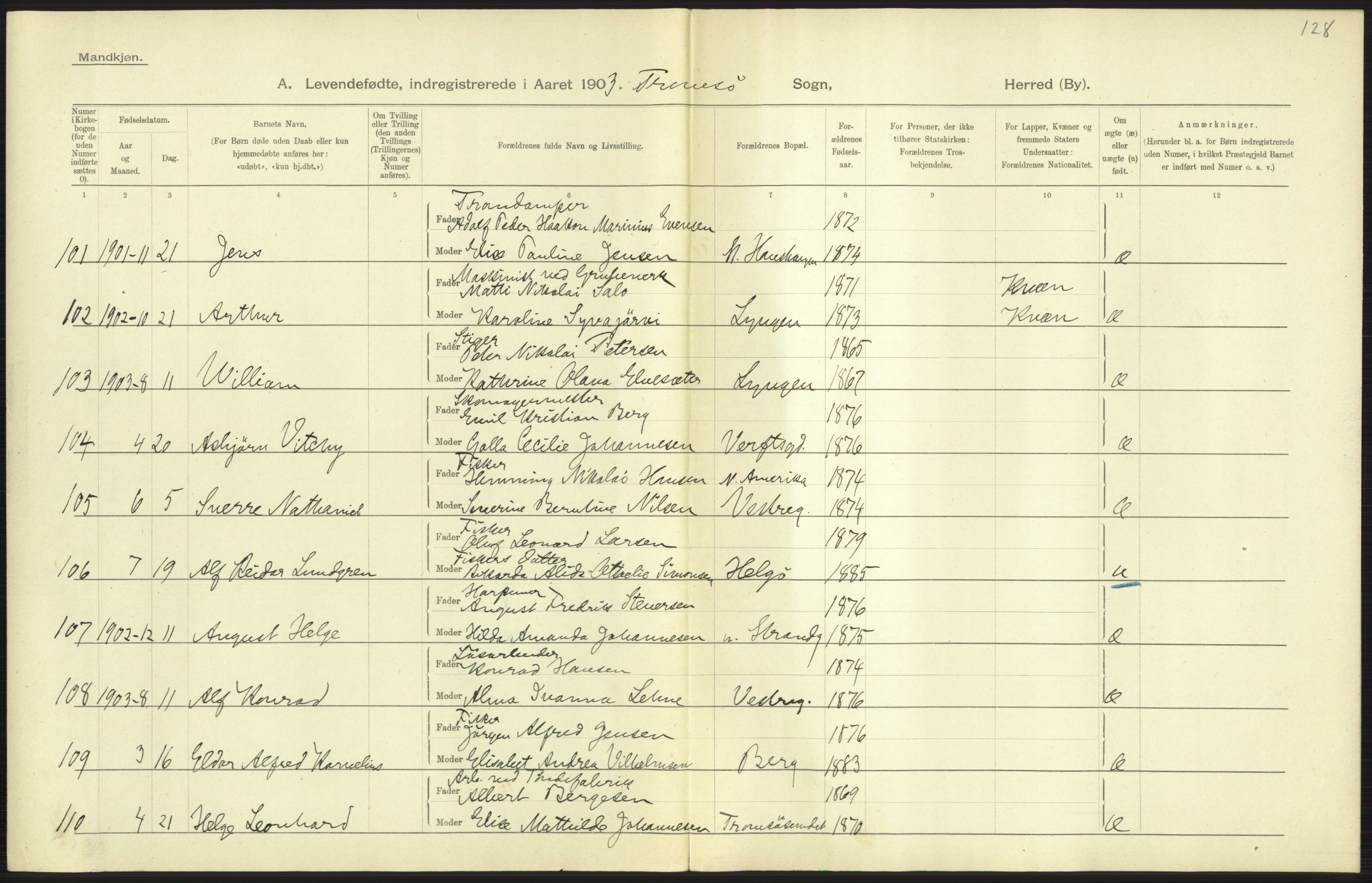 Statistisk sentralbyrå, Sosiodemografiske emner, Befolkning, AV/RA-S-2228/D/Df/Dfa/Dfaa/L0021: Tromsø amt: Fødte, gifte, døde., 1903, s. 277