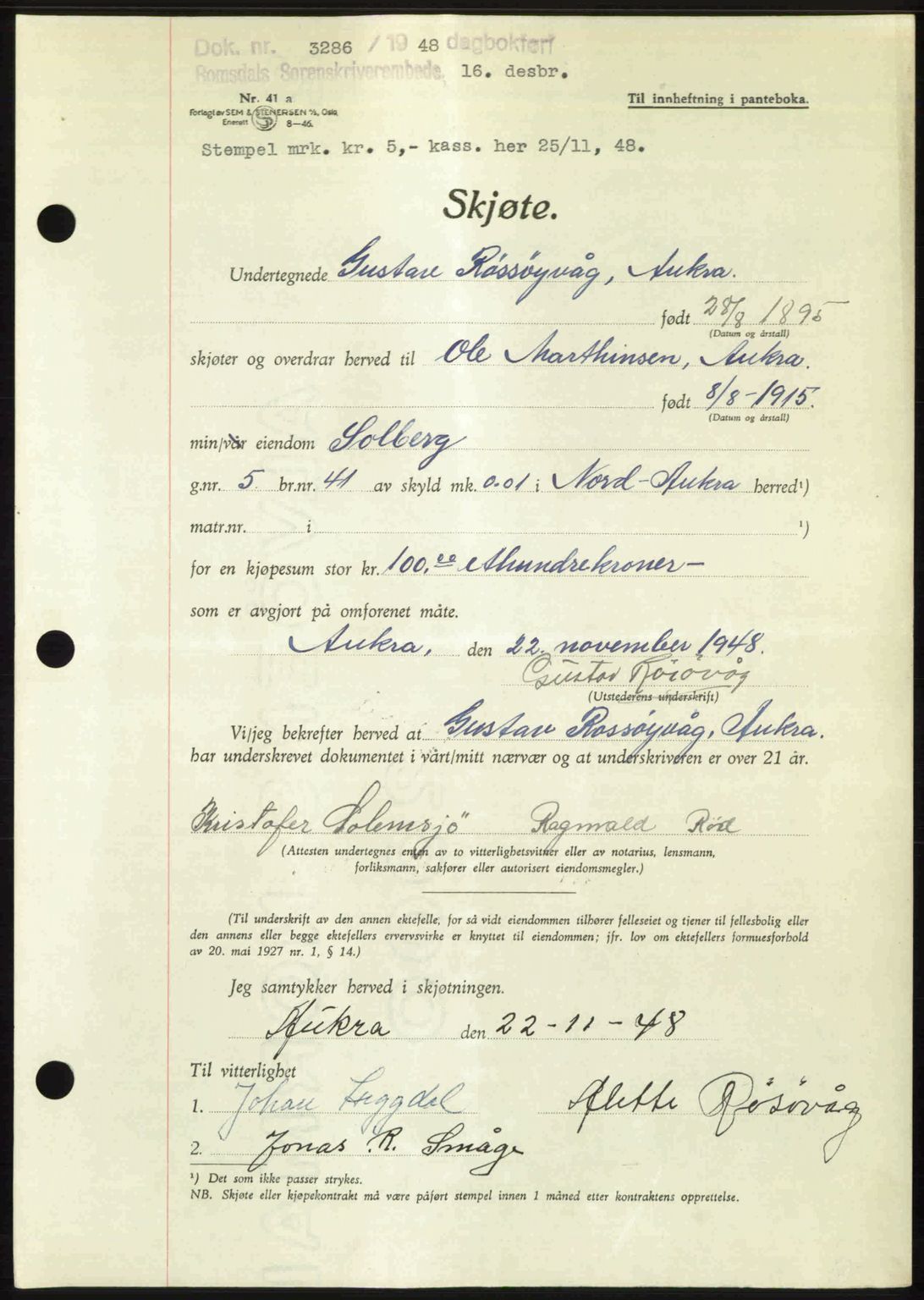 Romsdal sorenskriveri, AV/SAT-A-4149/1/2/2C: Pantebok nr. A28, 1948-1949, Dagboknr: 3286/1948