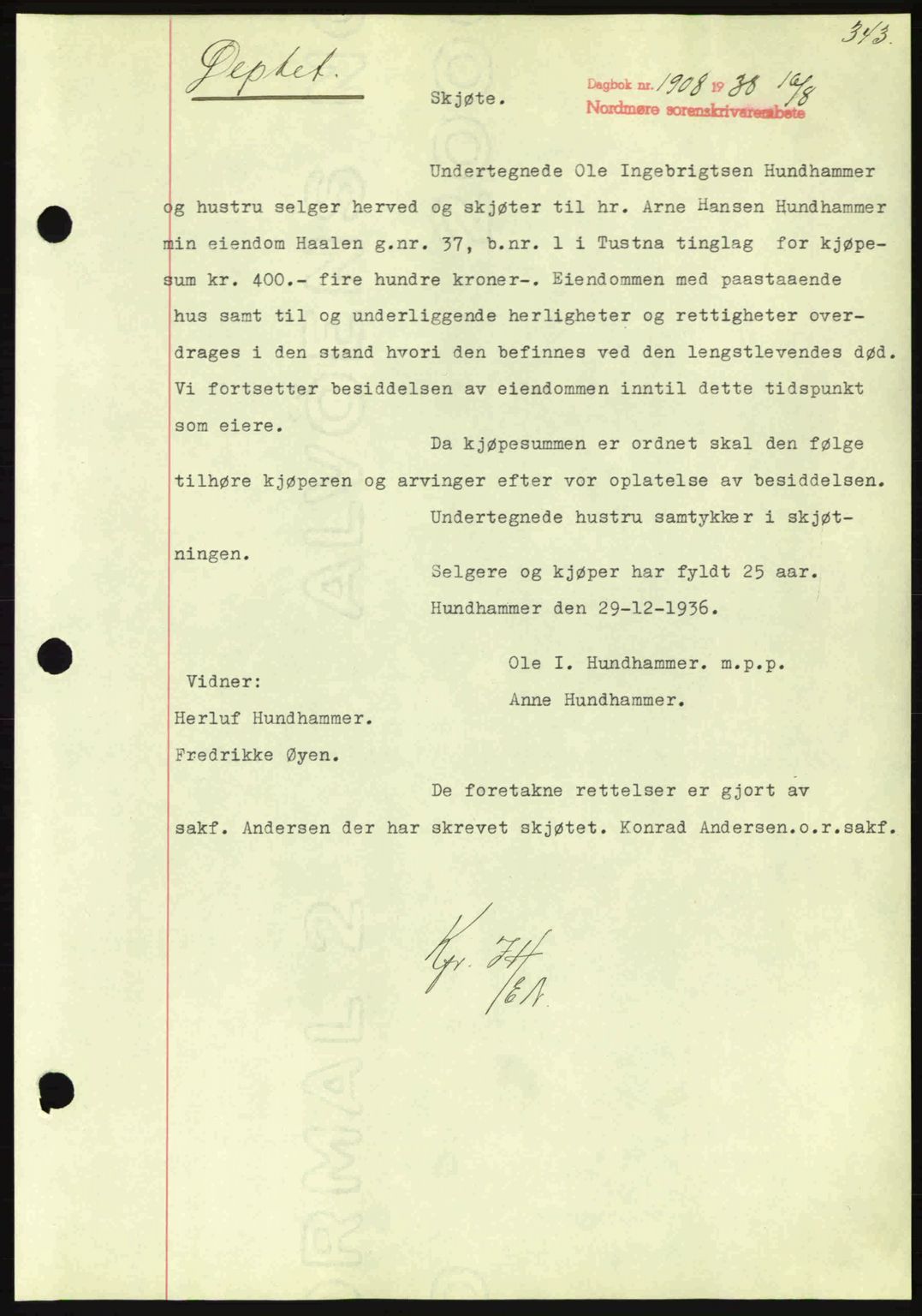 Nordmøre sorenskriveri, SAT/A-4132/1/2/2Ca: Pantebok nr. A84, 1938-1938, Dagboknr: 1908/1938