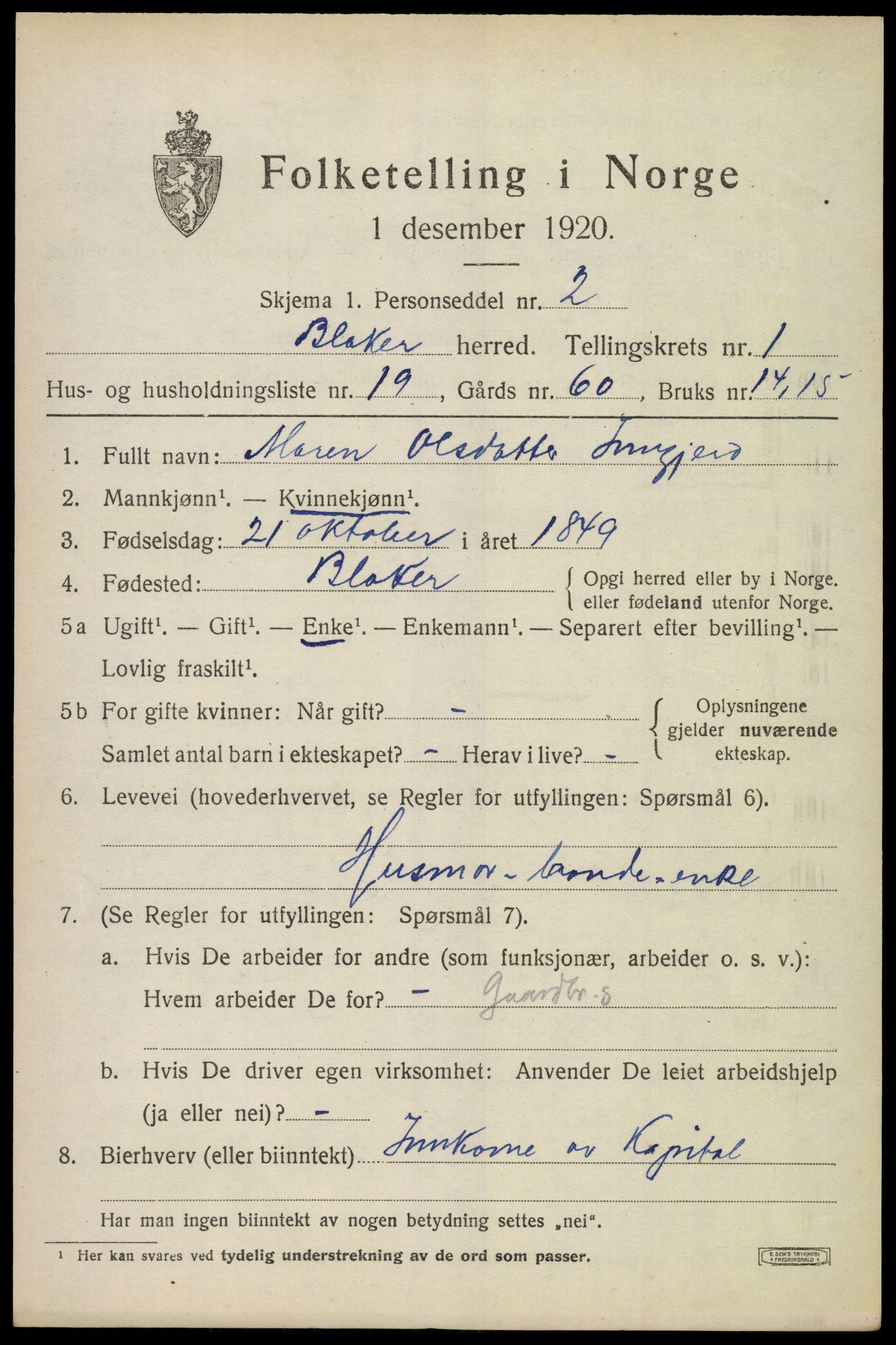 SAO, Folketelling 1920 for 0225 Blaker herred, 1920, s. 947