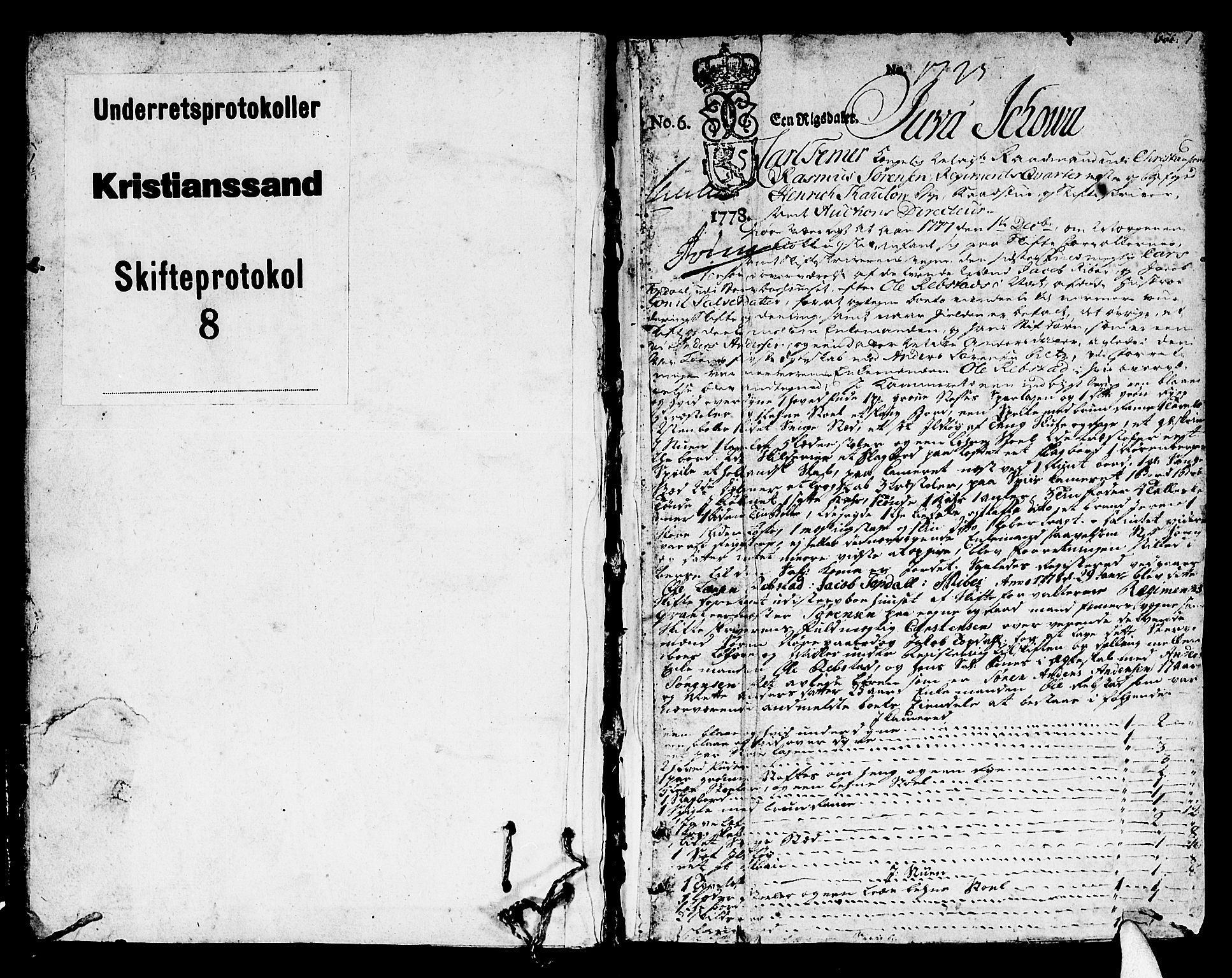 Kristiansand byrett, AV/SAK-1223-0001/H/Hc/L0012: Skifteprotokoll nr. 8, med register, 1778-1794, s. 0b-1a