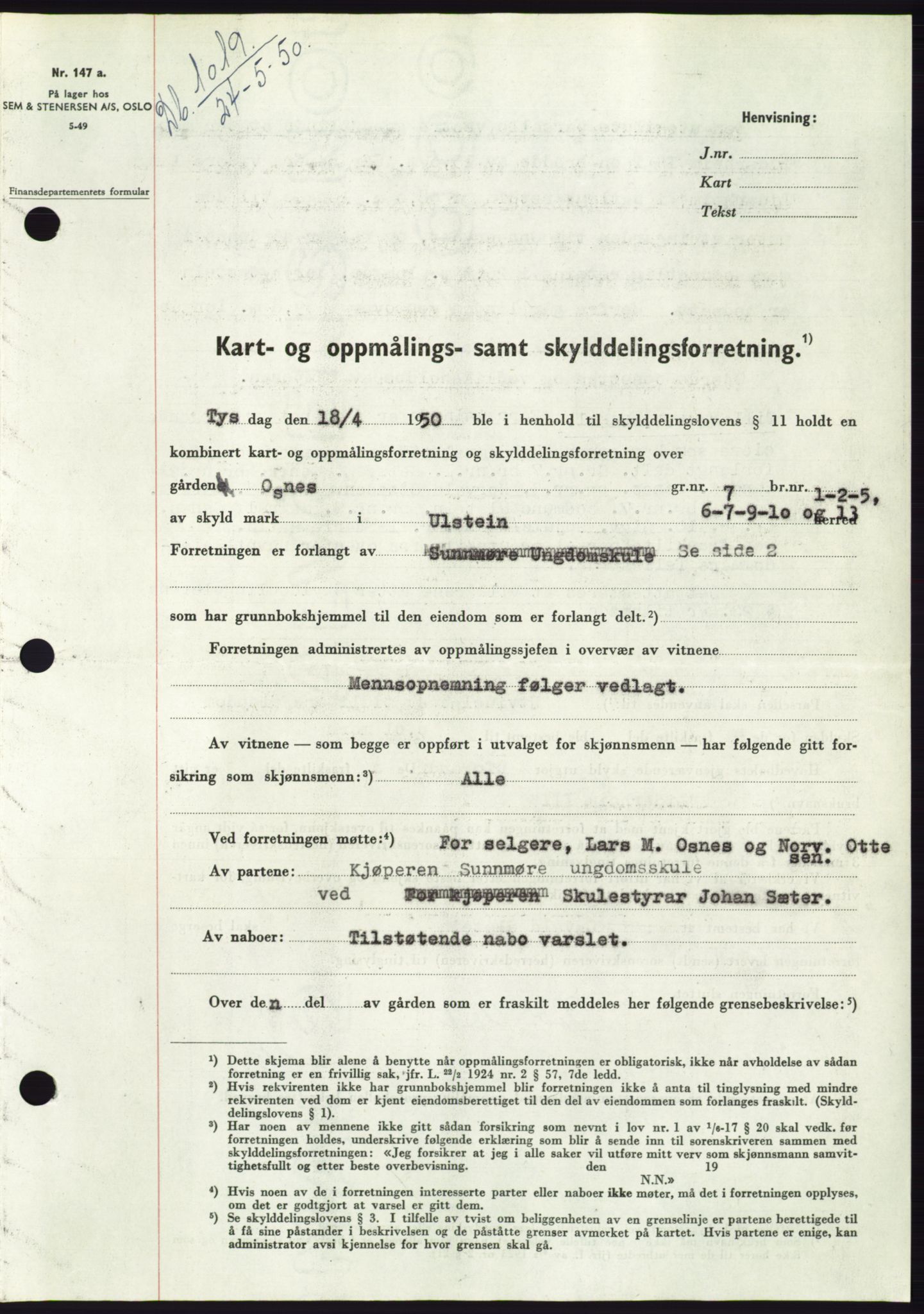 Søre Sunnmøre sorenskriveri, SAT/A-4122/1/2/2C/L0087: Pantebok nr. 13A, 1950-1950, Dagboknr: 1019/1950