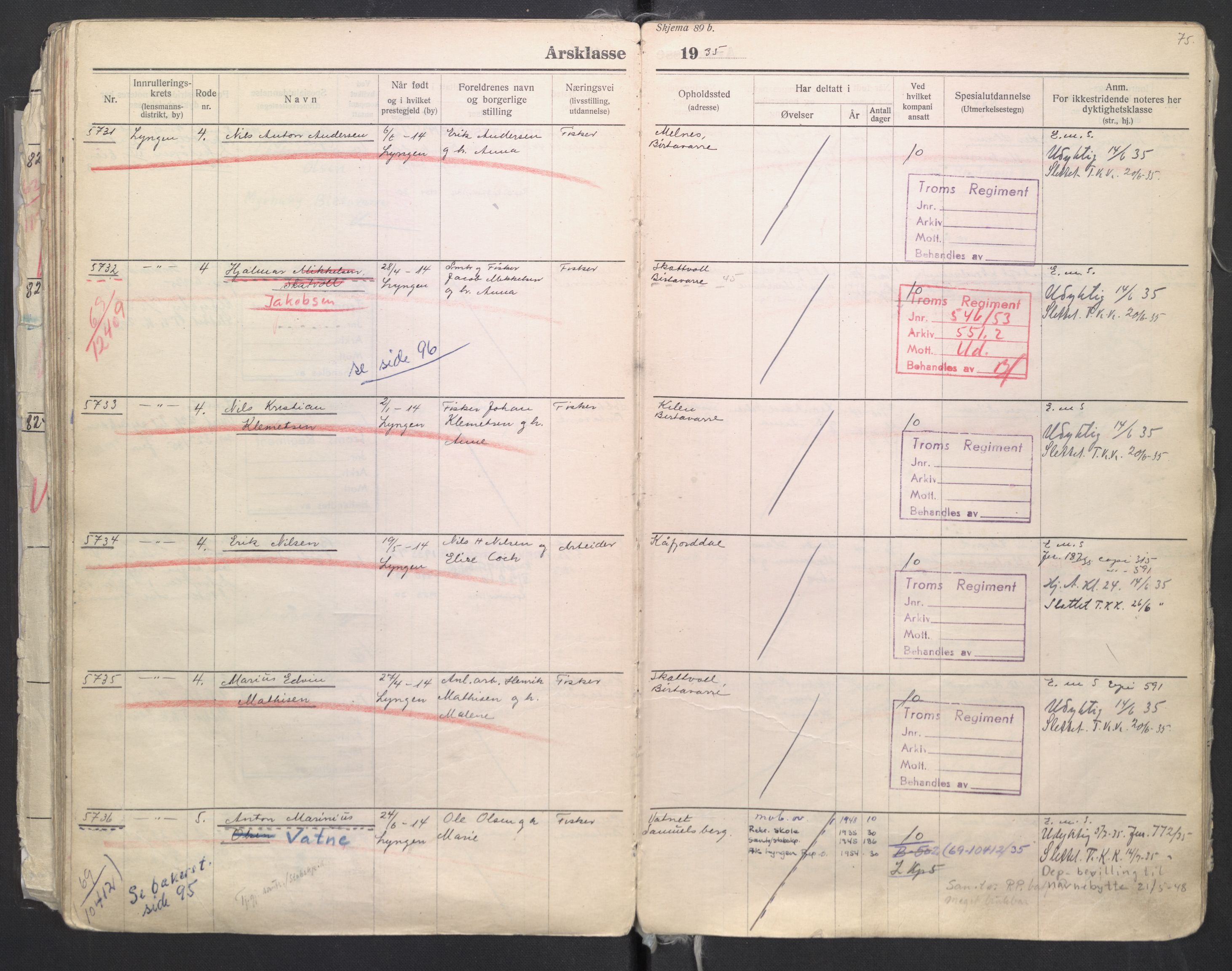 Forsvaret, Troms infanteriregiment nr. 16, AV/RA-RAFA-3146/P/Pa/L0006/0008: Ruller / Rulle for regimentets menige mannskaper, årsklasse 1935, 1935, s. 75