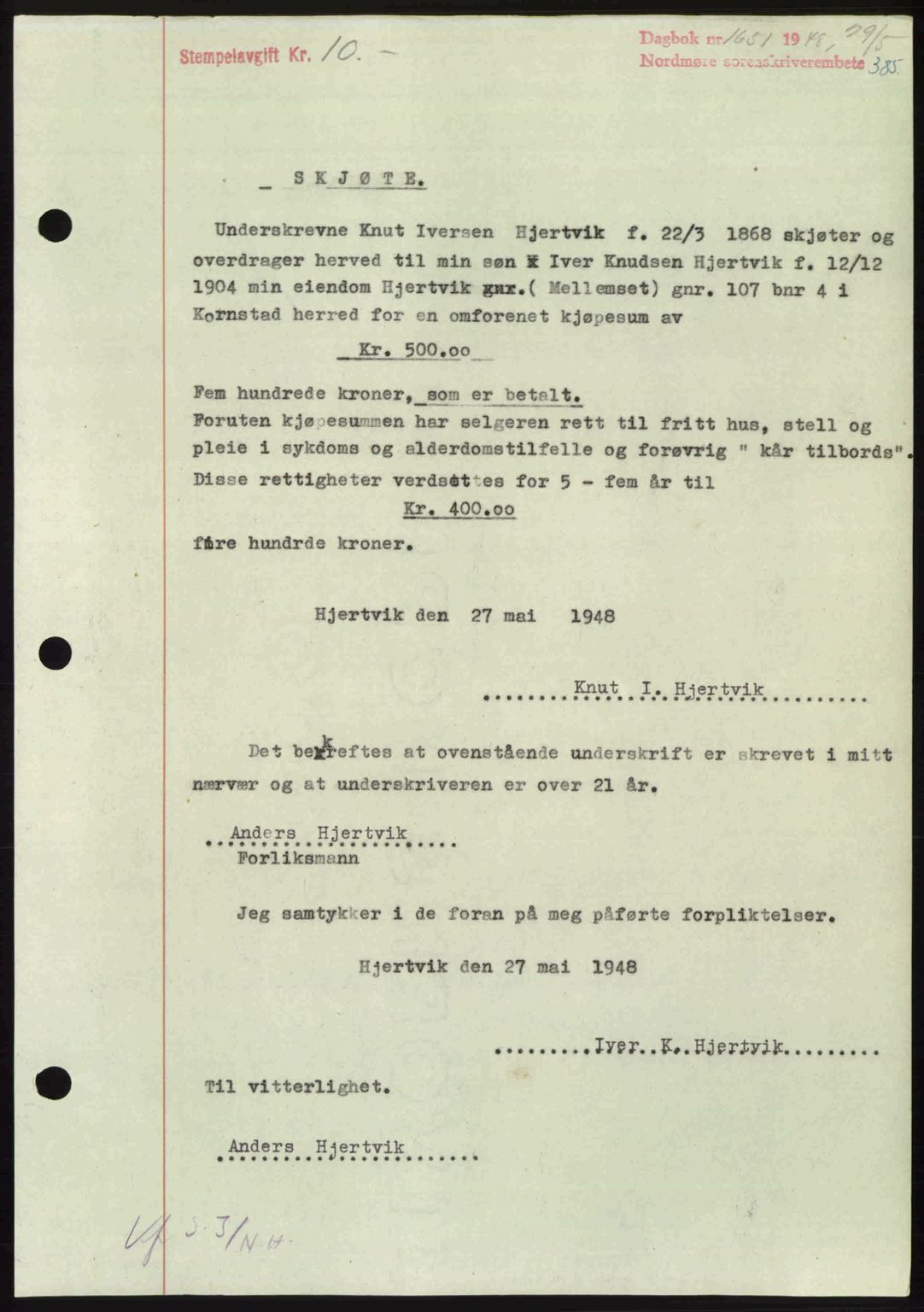 Nordmøre sorenskriveri, SAT/A-4132/1/2/2Ca: Pantebok nr. A108, 1948-1948, Dagboknr: 1651/1948
