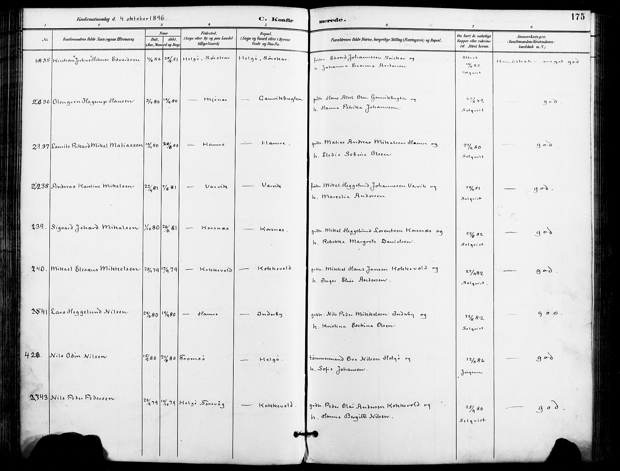 Karlsøy sokneprestembete, AV/SATØ-S-1299/H/Ha/Haa/L0007kirke: Ministerialbok nr. 7, 1891-1902, s. 175