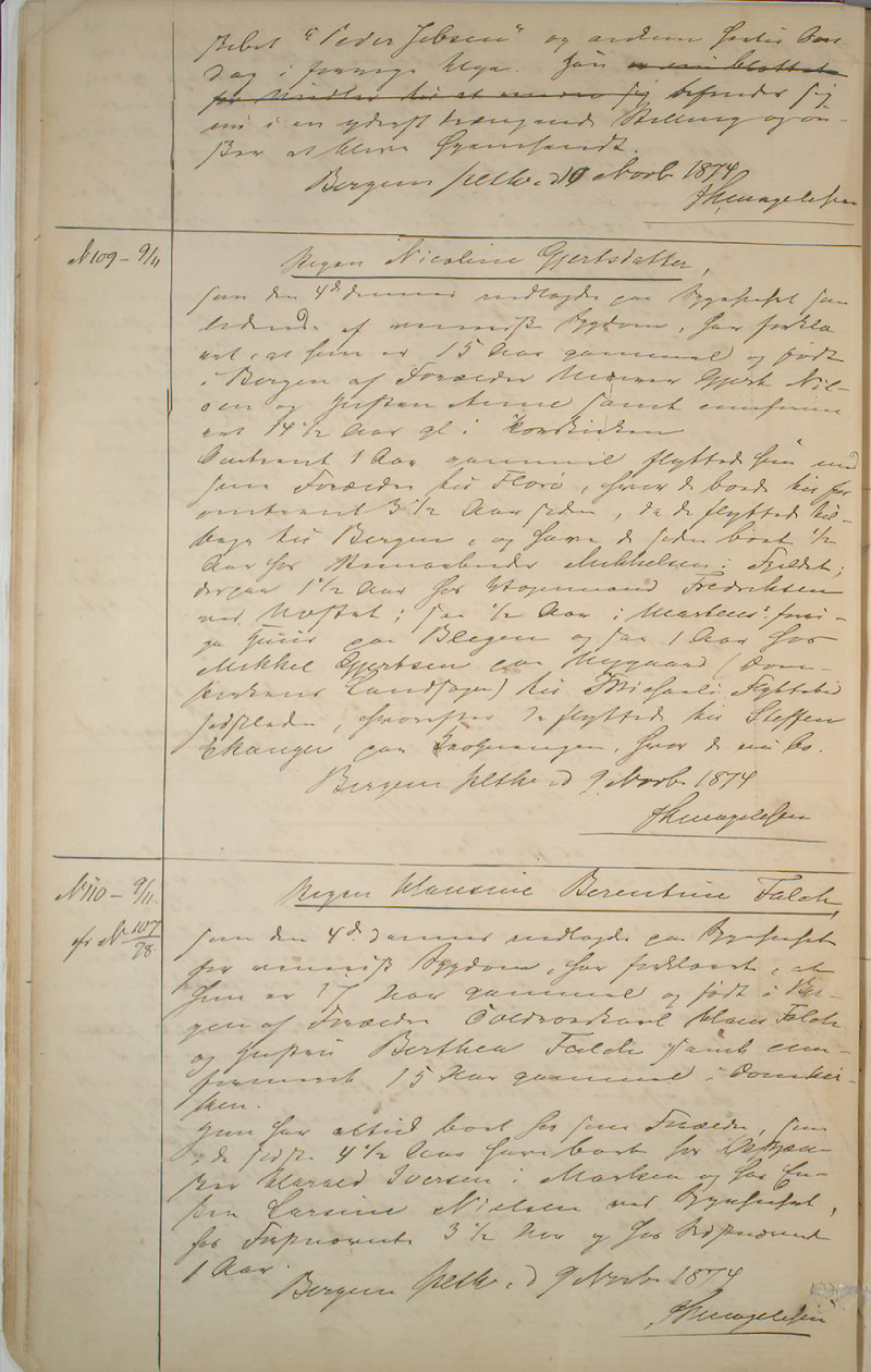 Bergen politikammer / politidistrikt, AV/SAB-A-60401/I/Ic, 1874-1878