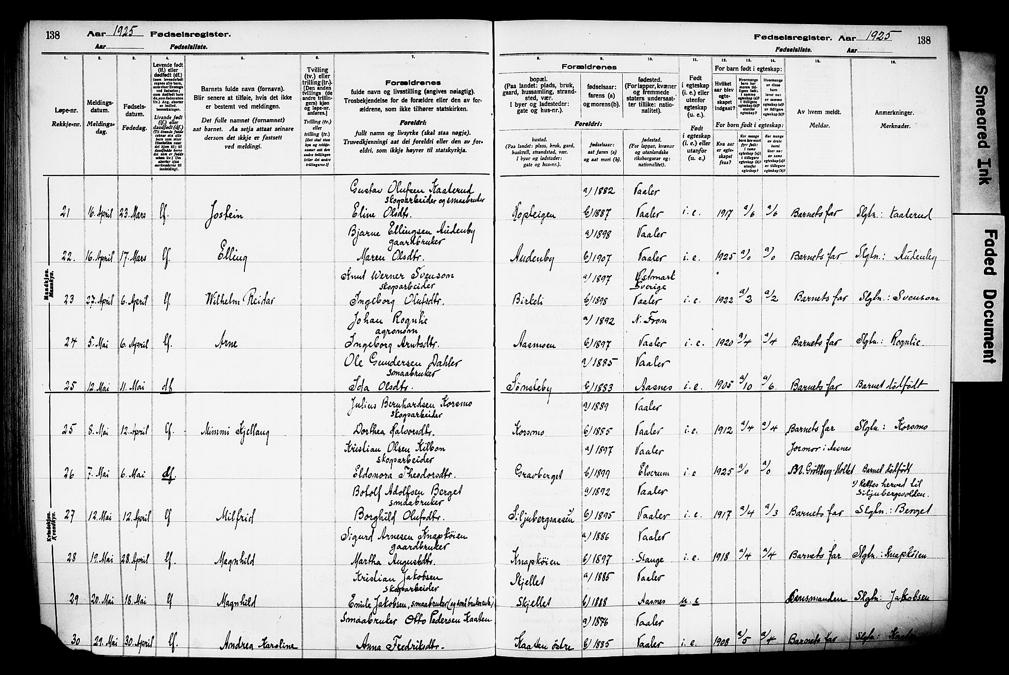 Våler prestekontor, Hedmark, AV/SAH-PREST-040/I/Id/L0001: Fødselsregister nr. 1, 1916-1930, s. 138