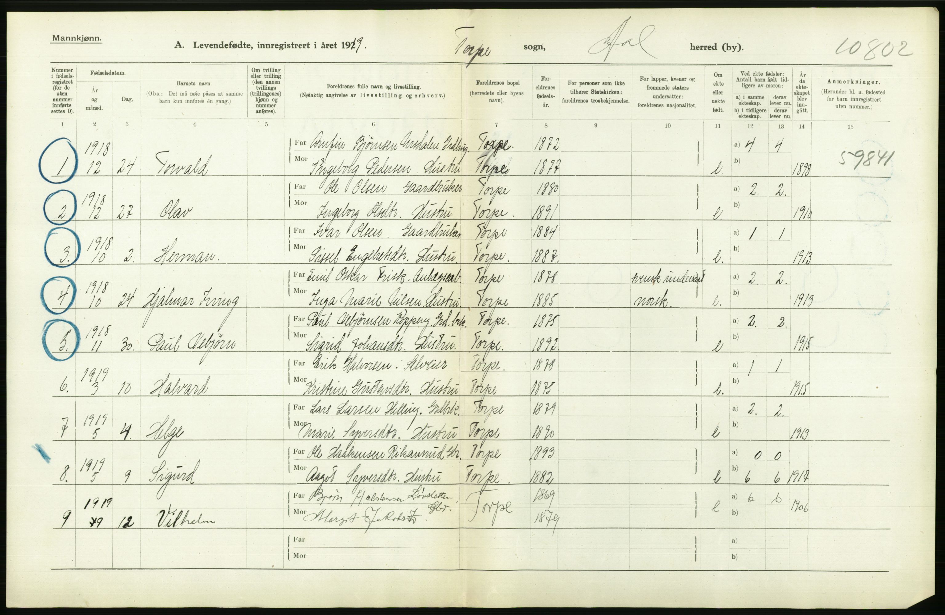 Statistisk sentralbyrå, Sosiodemografiske emner, Befolkning, RA/S-2228/D/Df/Dfb/Dfbi/L0016: Buskerud fylke: Levendefødte menn og kvinner. Bygder., 1919, s. 478