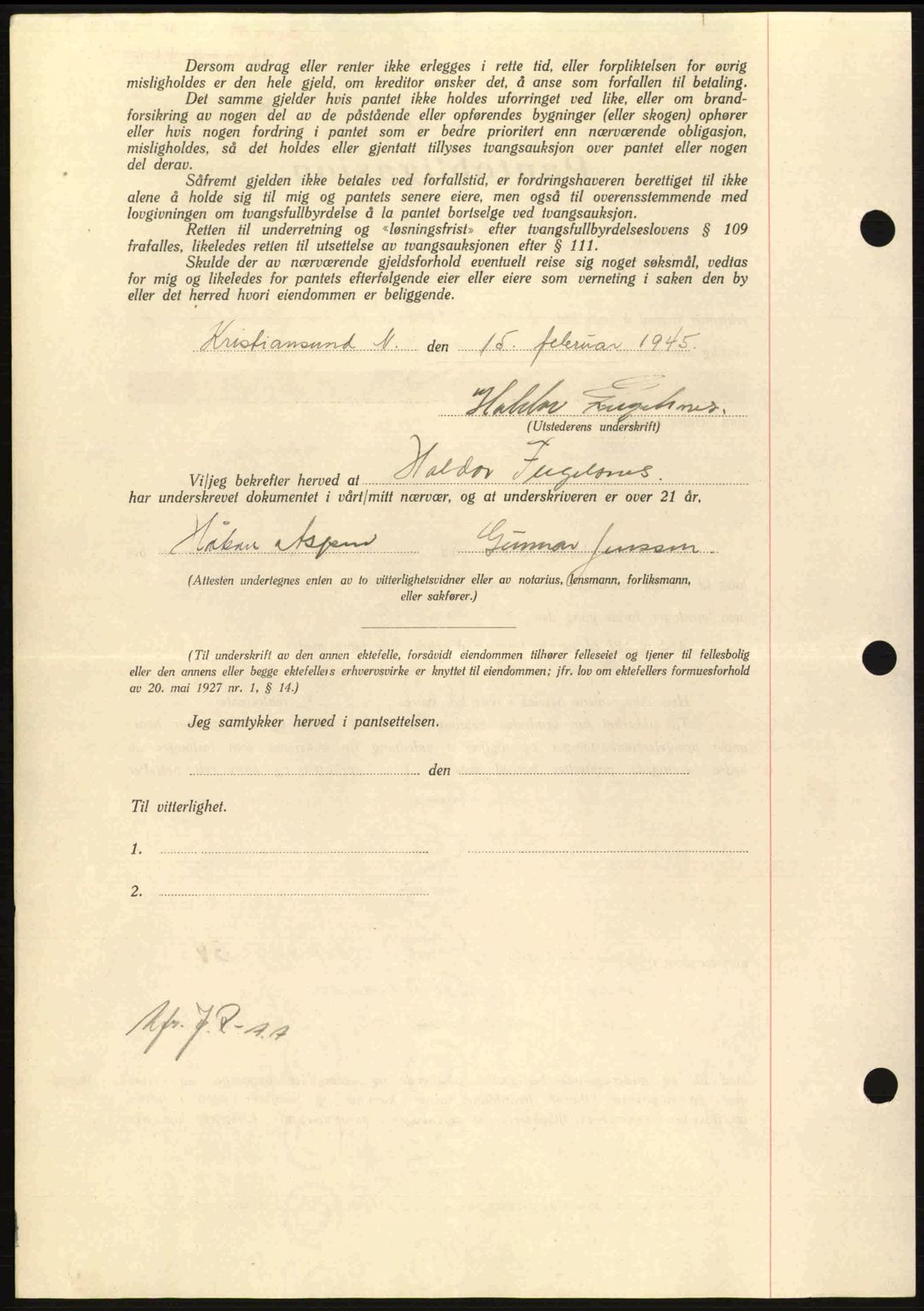 Nordmøre sorenskriveri, AV/SAT-A-4132/1/2/2Ca: Pantebok nr. B93a, 1945-1945, Dagboknr: 1466/1945