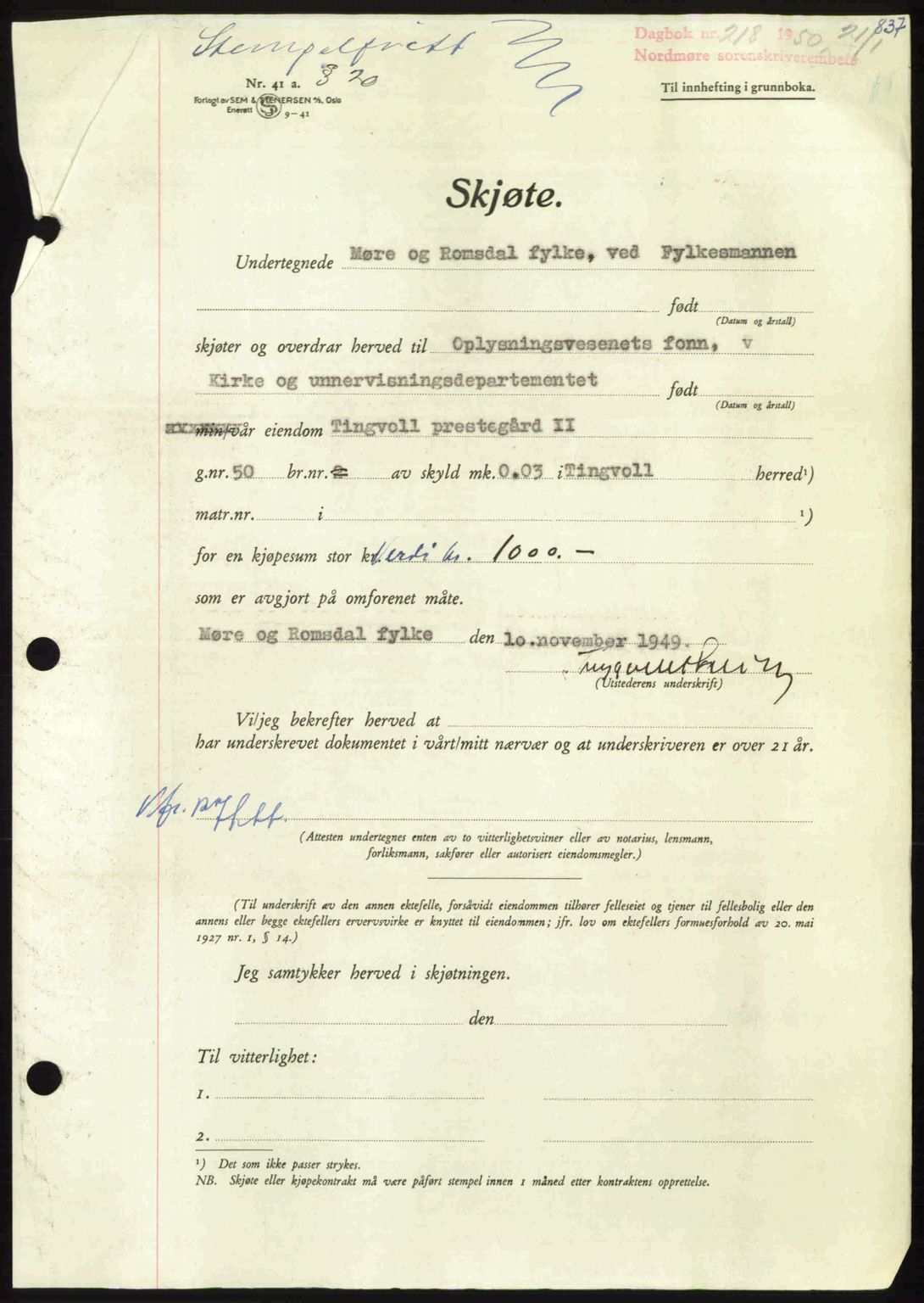 Nordmøre sorenskriveri, AV/SAT-A-4132/1/2/2Ca: Pantebok nr. A113, 1949-1950, Dagboknr: 218/1950