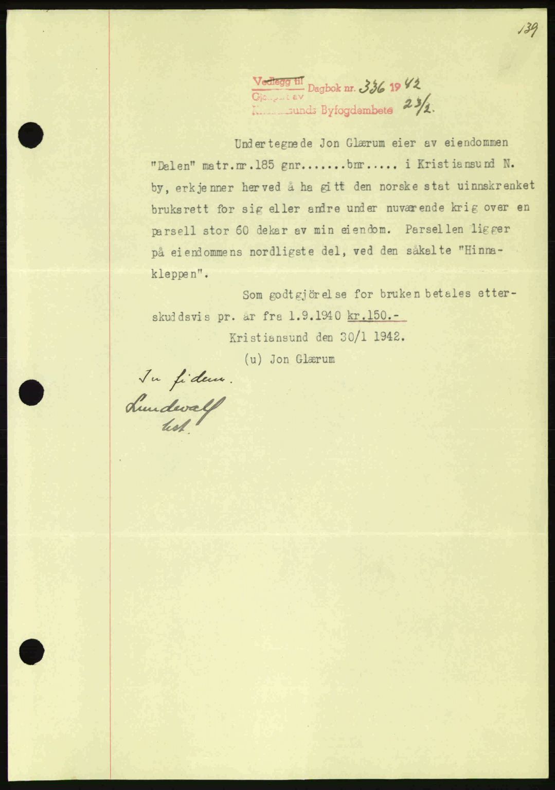 Kristiansund byfogd, AV/SAT-A-4587/A/27: Pantebok nr. 35, 1941-1942, Dagboknr: 336/1942
