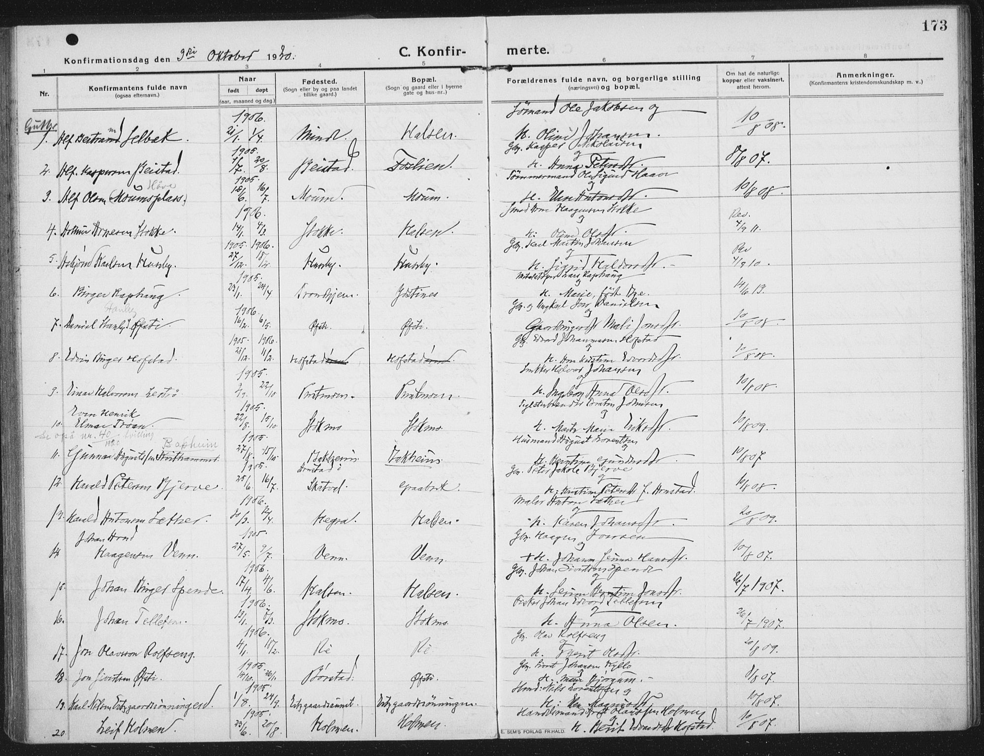 Ministerialprotokoller, klokkerbøker og fødselsregistre - Nord-Trøndelag, AV/SAT-A-1458/709/L0083: Ministerialbok nr. 709A23, 1916-1928, s. 173