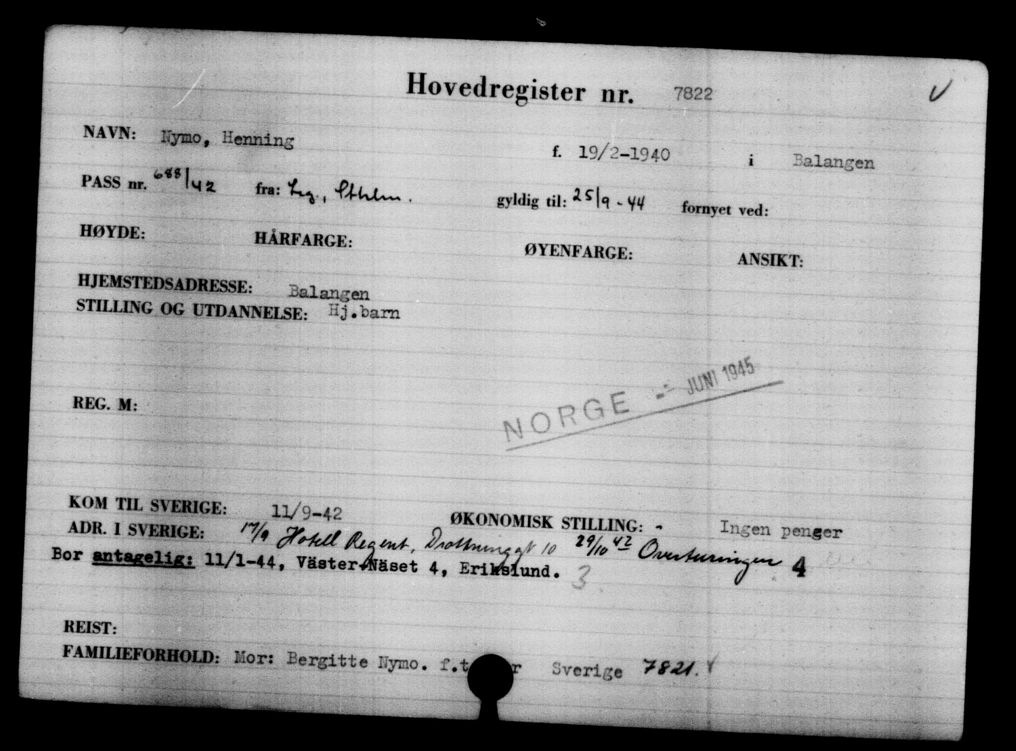 Utenriksstasjonene, Legasjonen i Stockholm, Flyktningkontoret, AV/RA-S-6753/V/Va/L0005: Kjesäterkartoteket, flyktninger med registreringsnr. 6600-9417, 1940-1945, s. 1433