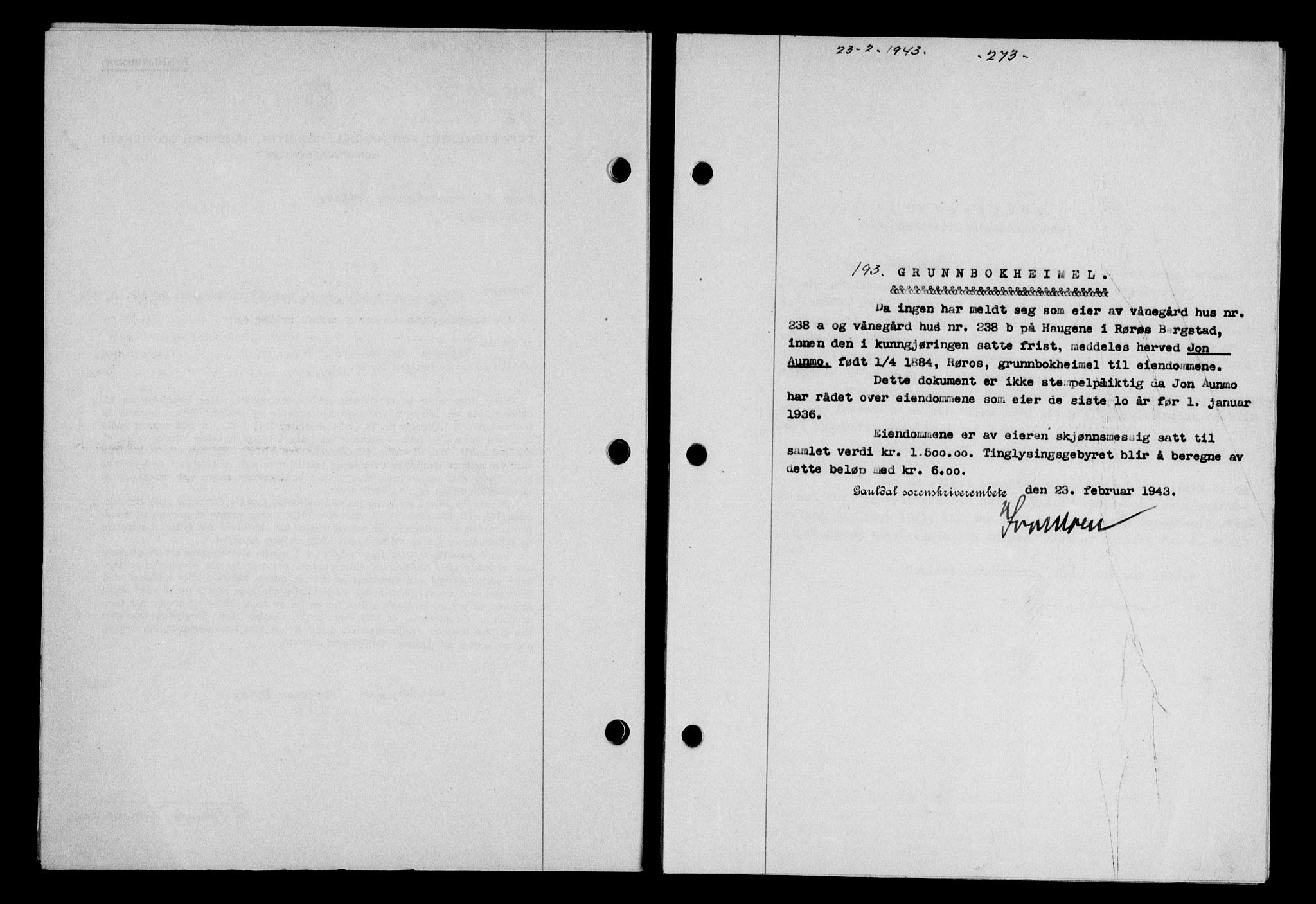Gauldal sorenskriveri, SAT/A-0014/1/2/2C/L0056: Pantebok nr. 61, 1942-1943, Dagboknr: 193/1943