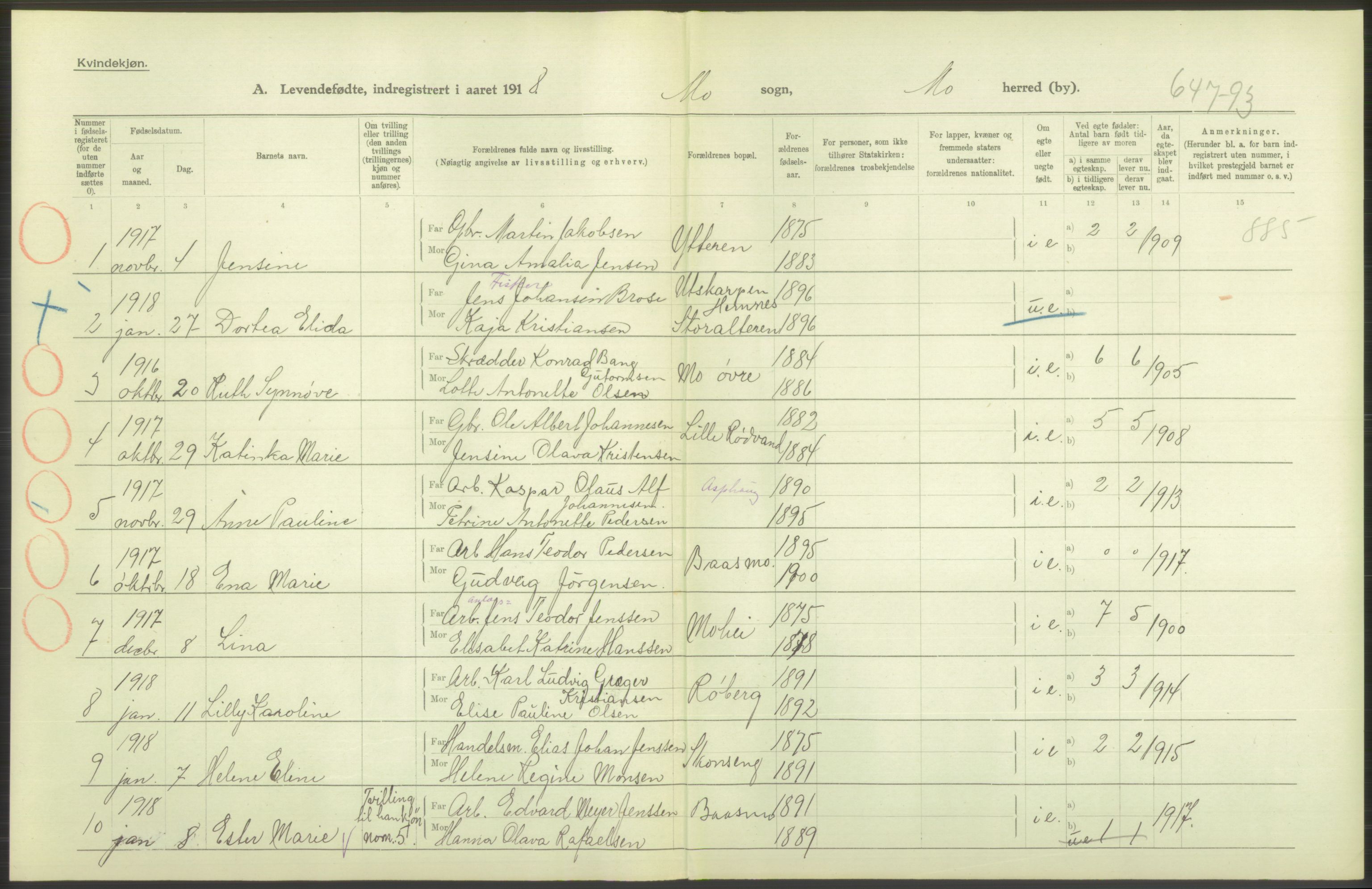 Statistisk sentralbyrå, Sosiodemografiske emner, Befolkning, AV/RA-S-2228/D/Df/Dfb/Dfbh/L0052: Nordland fylke: Levendefødte menn og kvinner. Bygder., 1918, s. 372