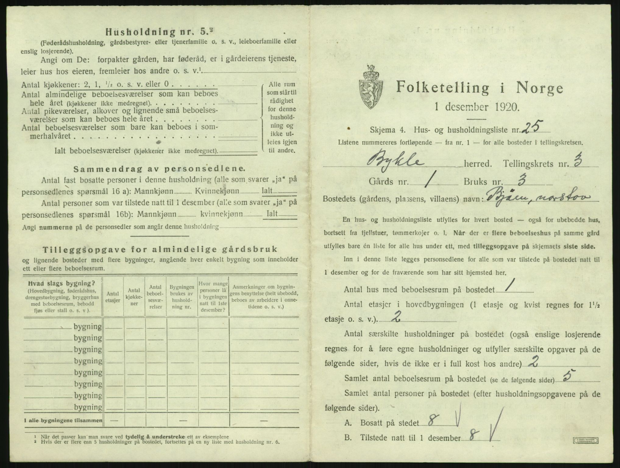 SAK, Folketelling 1920 for 0941 Bykle herred, 1920, s. 211