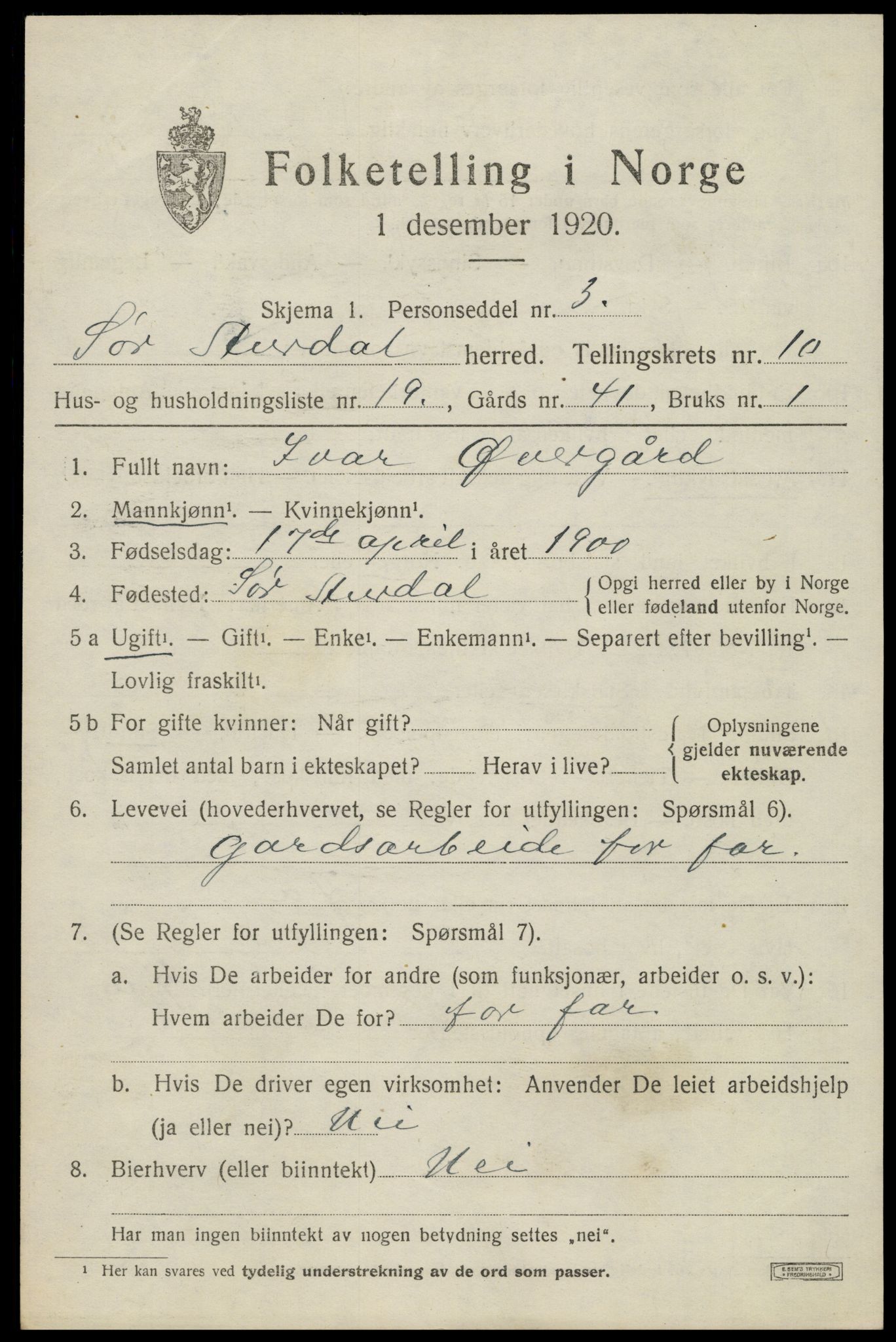 SAH, Folketelling 1920 for 0540 Sør-Aurdal herred, 1920, s. 5915