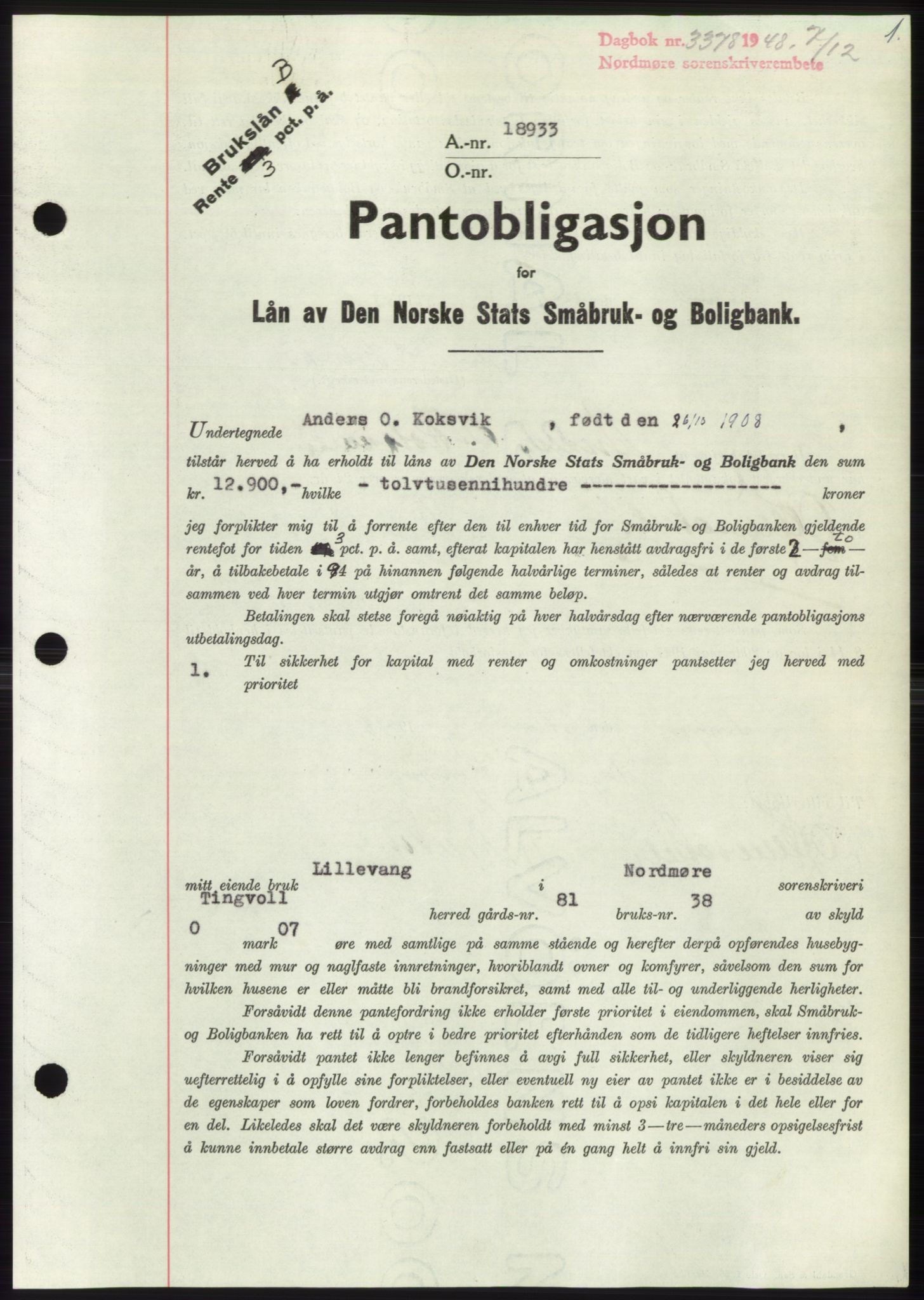 Nordmøre sorenskriveri, SAT/A-4132/1/2/2Ca: Pantebok nr. B100, 1948-1949, Dagboknr: 3378/1948