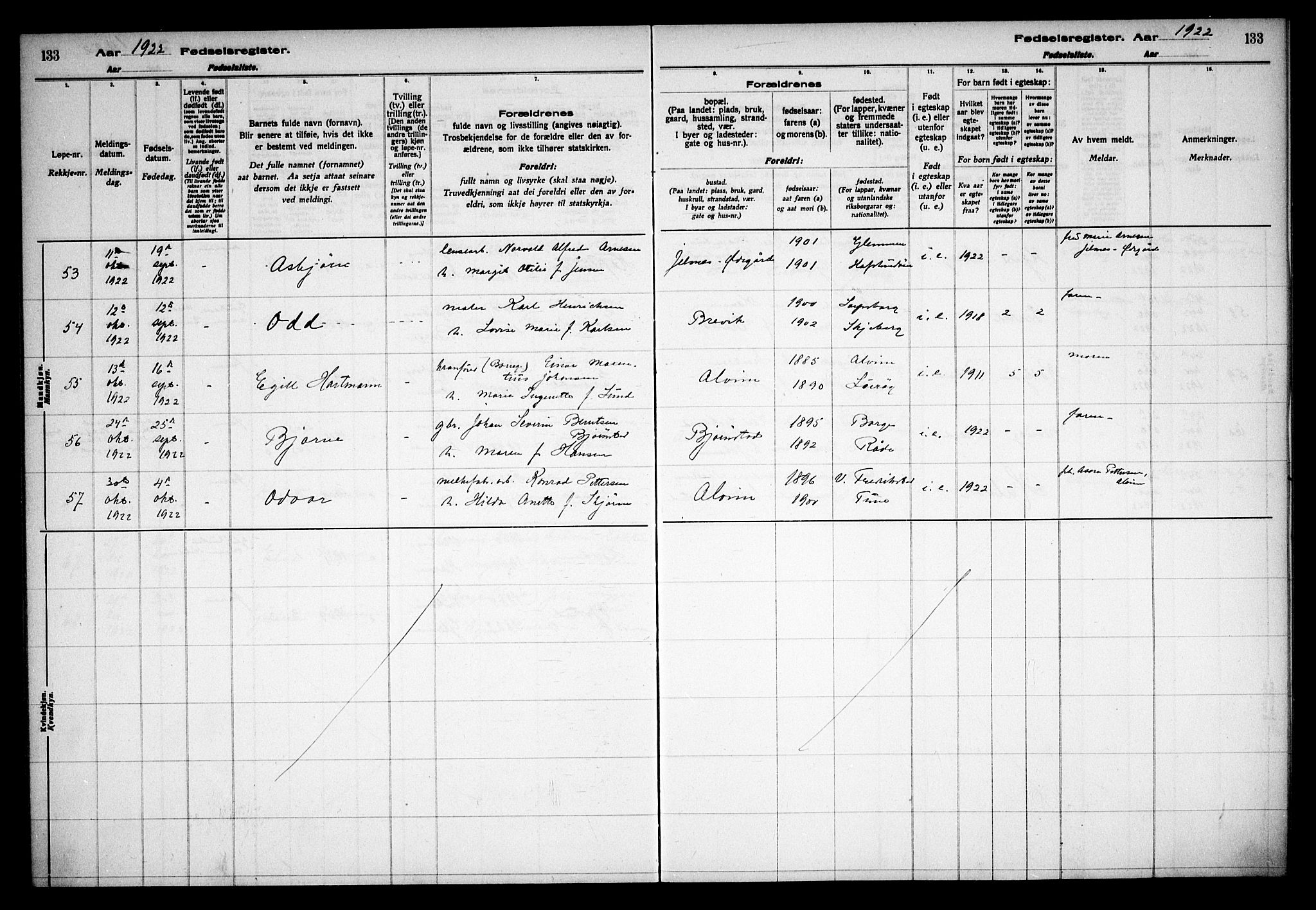 Tune prestekontor Kirkebøker, AV/SAO-A-2007/J/Ja/L0001: Fødselsregister nr. I 1, 1916-1928, s. 133