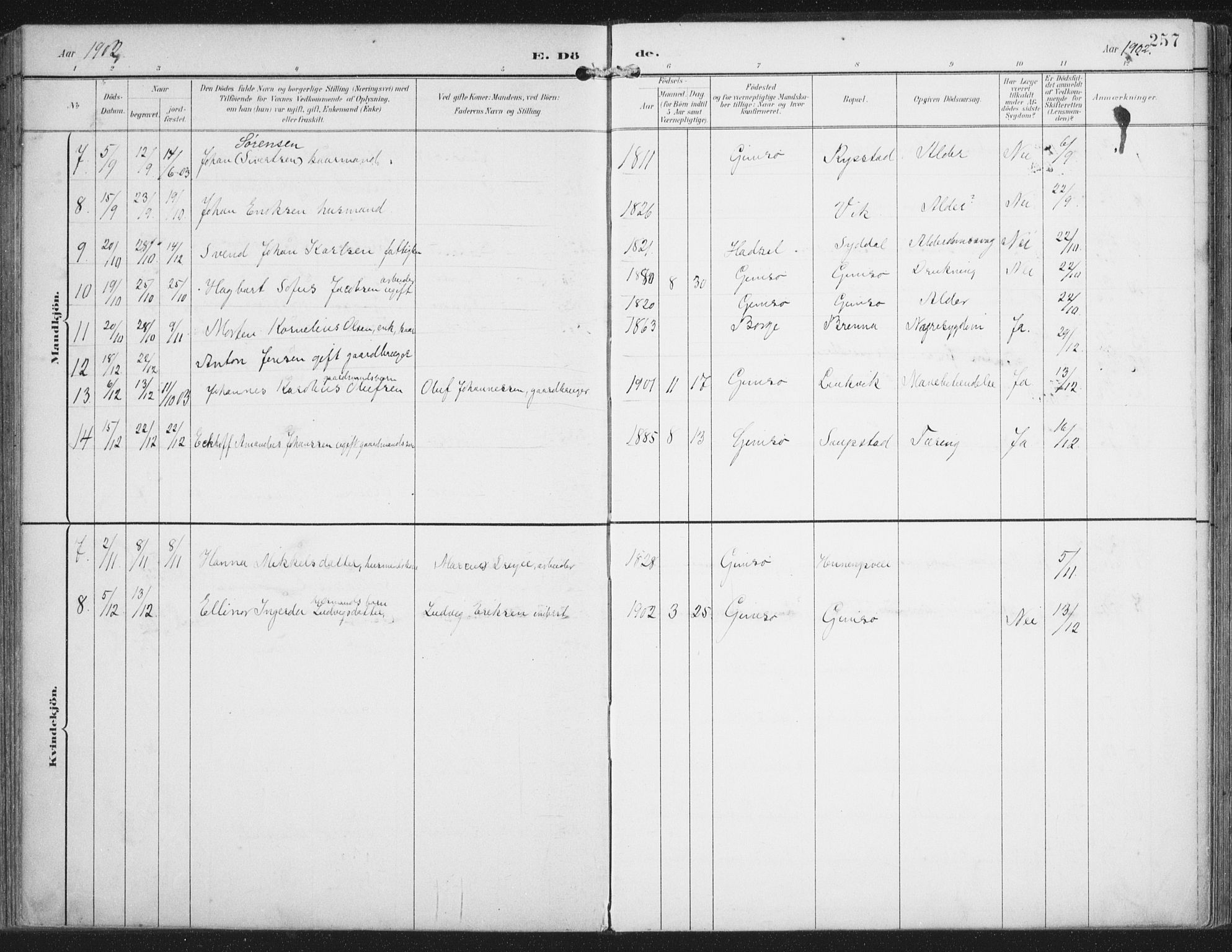 Ministerialprotokoller, klokkerbøker og fødselsregistre - Nordland, AV/SAT-A-1459/876/L1098: Ministerialbok nr. 876A04, 1896-1915, s. 257