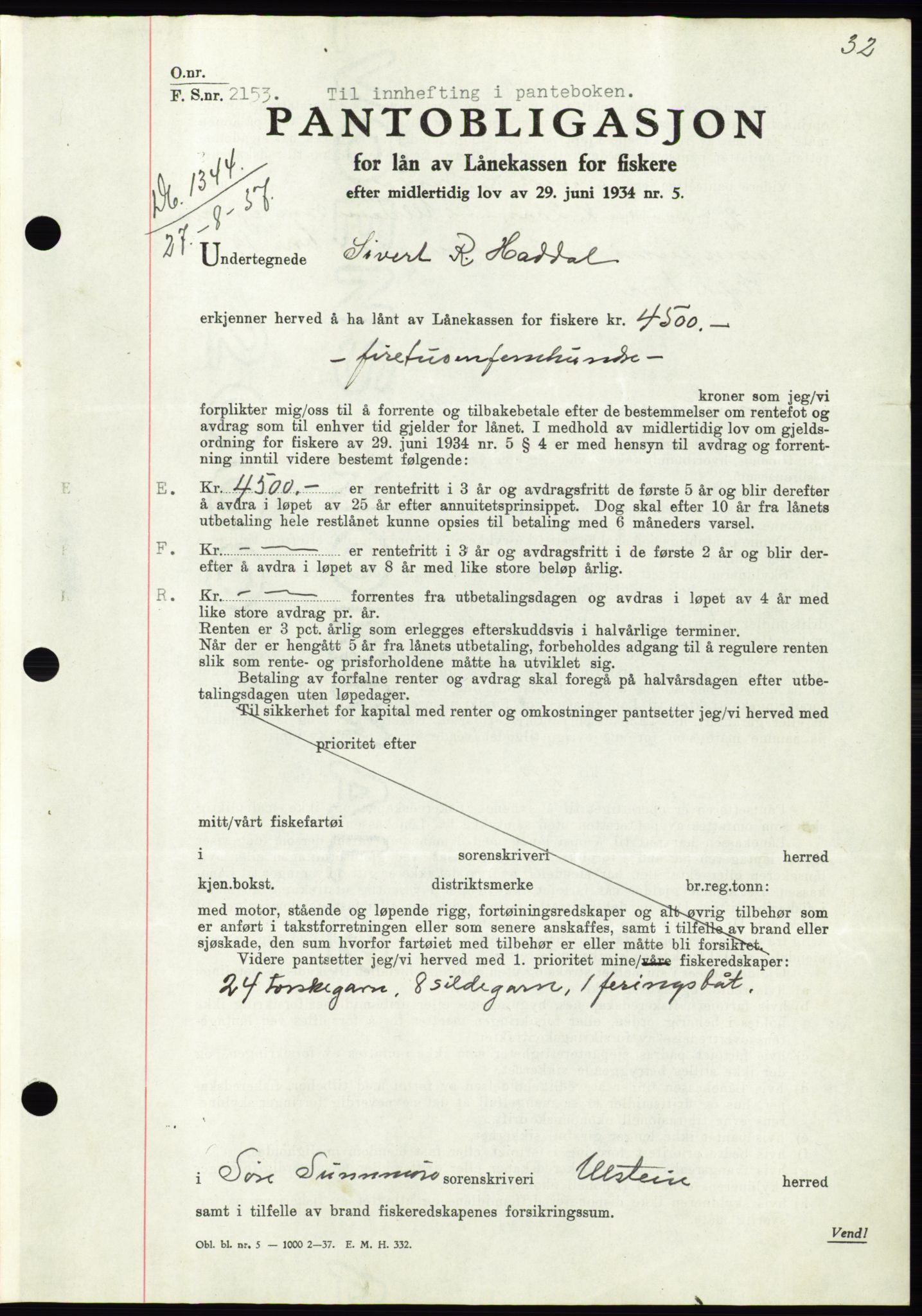 Søre Sunnmøre sorenskriveri, AV/SAT-A-4122/1/2/2C/L0064: Pantebok nr. 58, 1937-1938, Dagboknr: 1344/1937