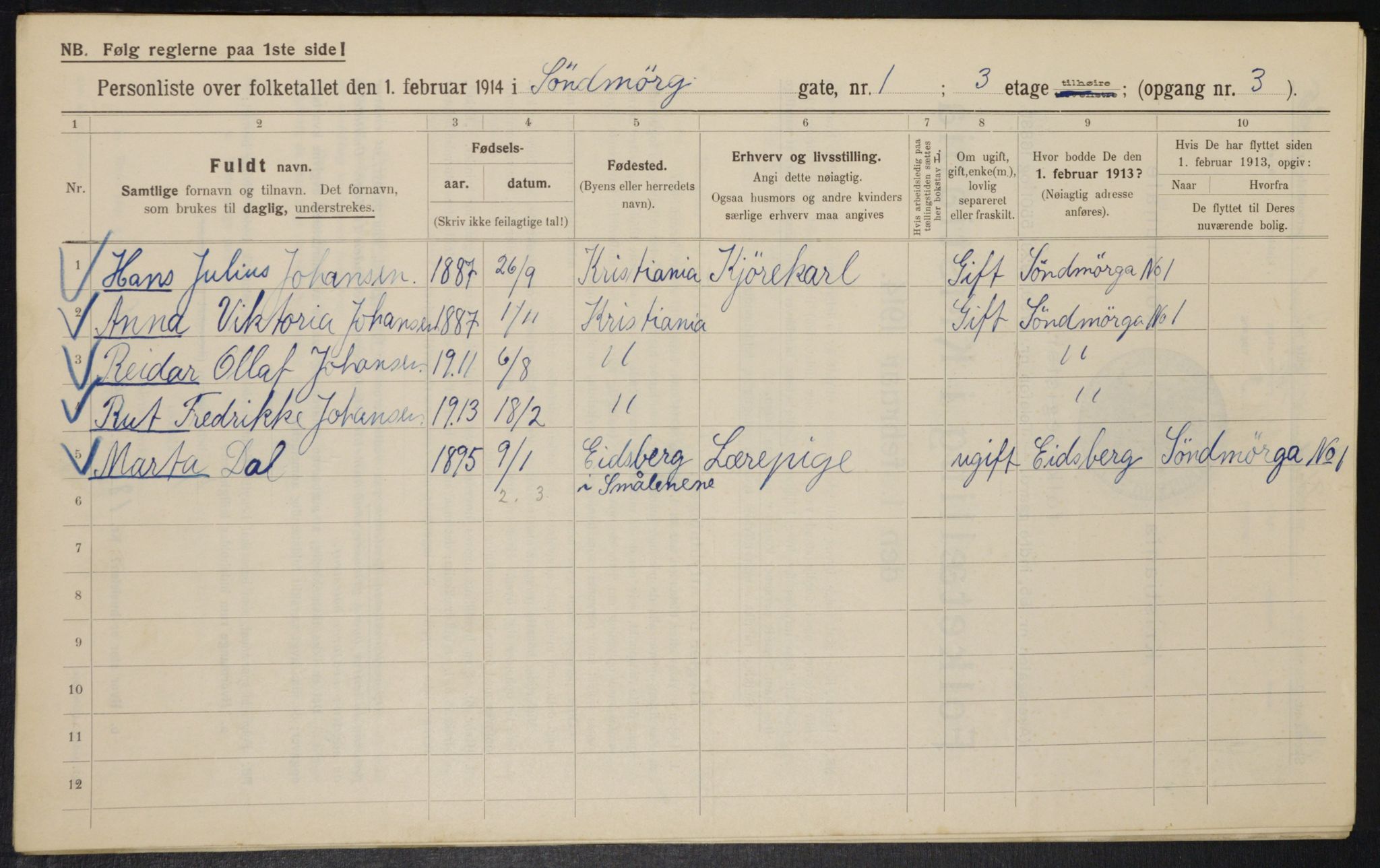 OBA, Kommunal folketelling 1.2.1914 for Kristiania, 1914, s. 105372