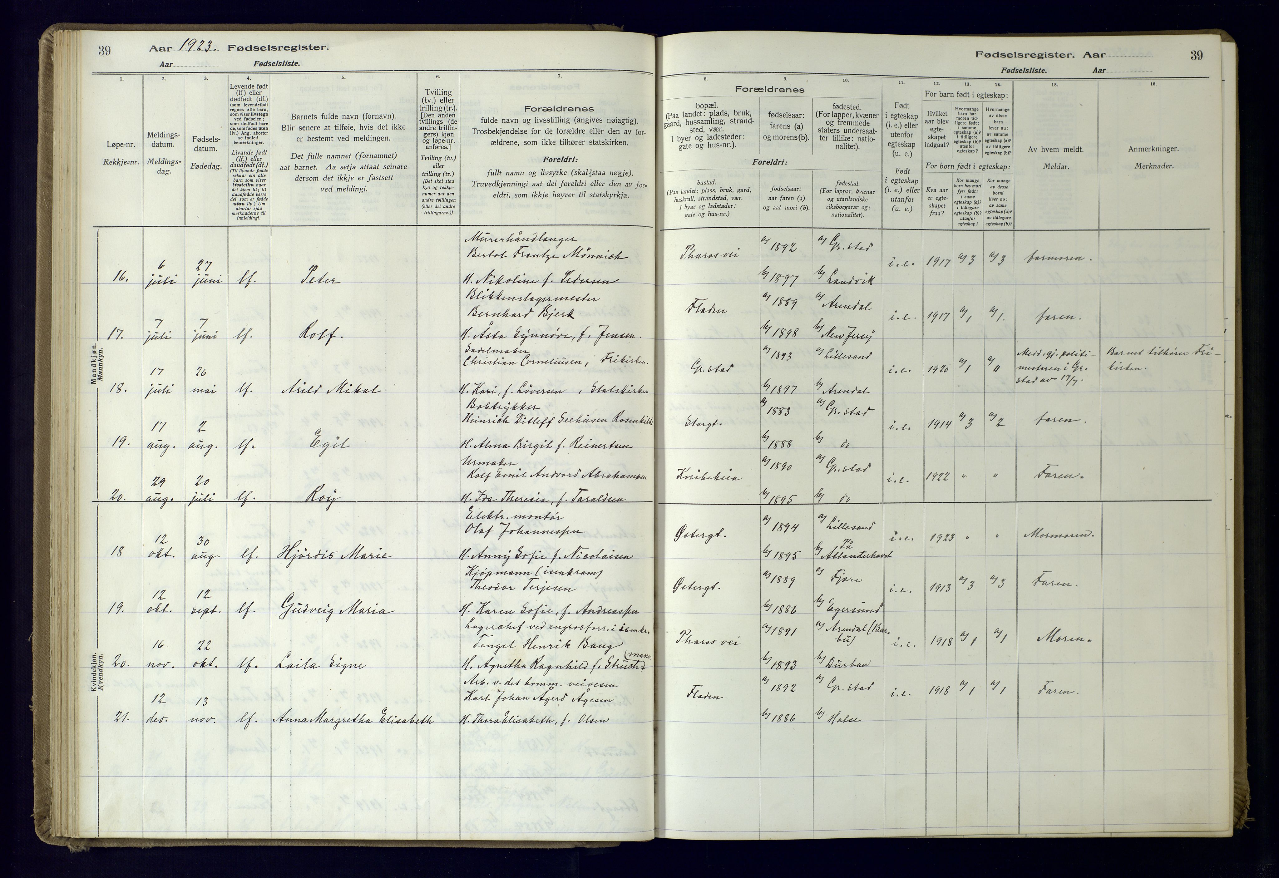 Grimstad sokneprestkontor, AV/SAK-1111-0017/J/Ja/L0001: Fødselsregister nr. 1, 1916-1960, s. 39