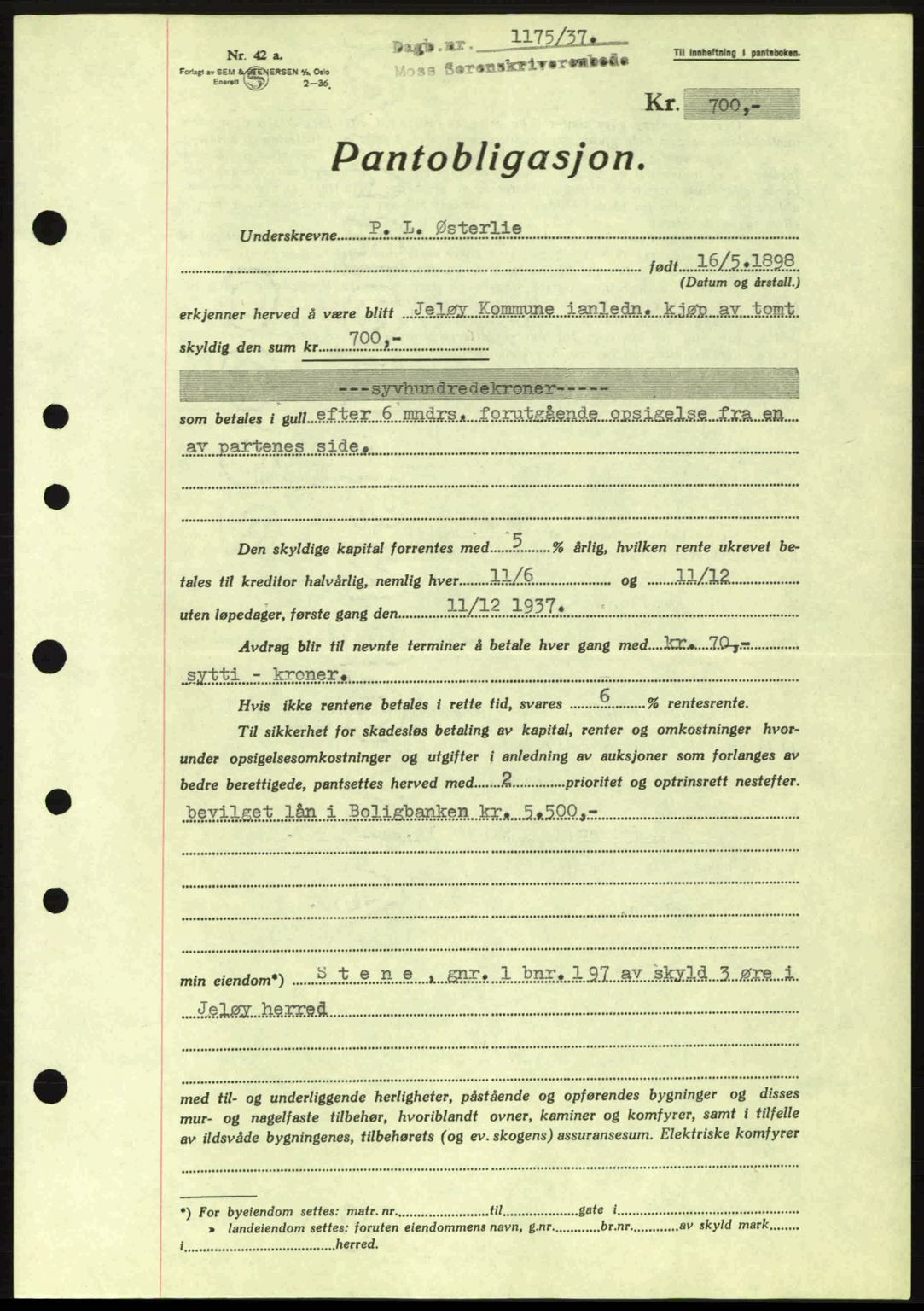 Moss sorenskriveri, SAO/A-10168: Pantebok nr. B3, 1937-1937, Dagboknr: 1175/1937