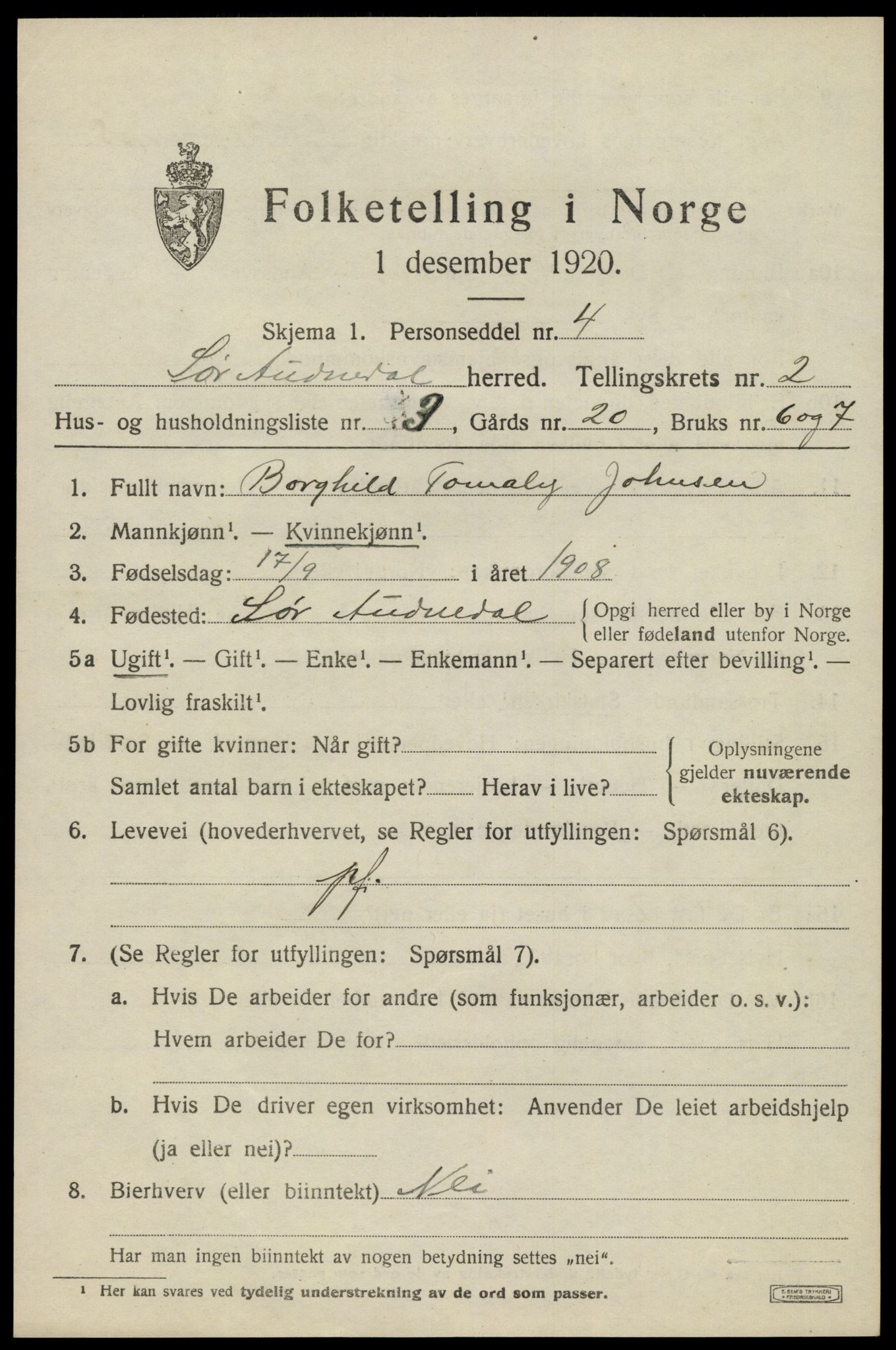 SAK, Folketelling 1920 for 1029 Sør-Audnedal herred, 1920, s. 1603