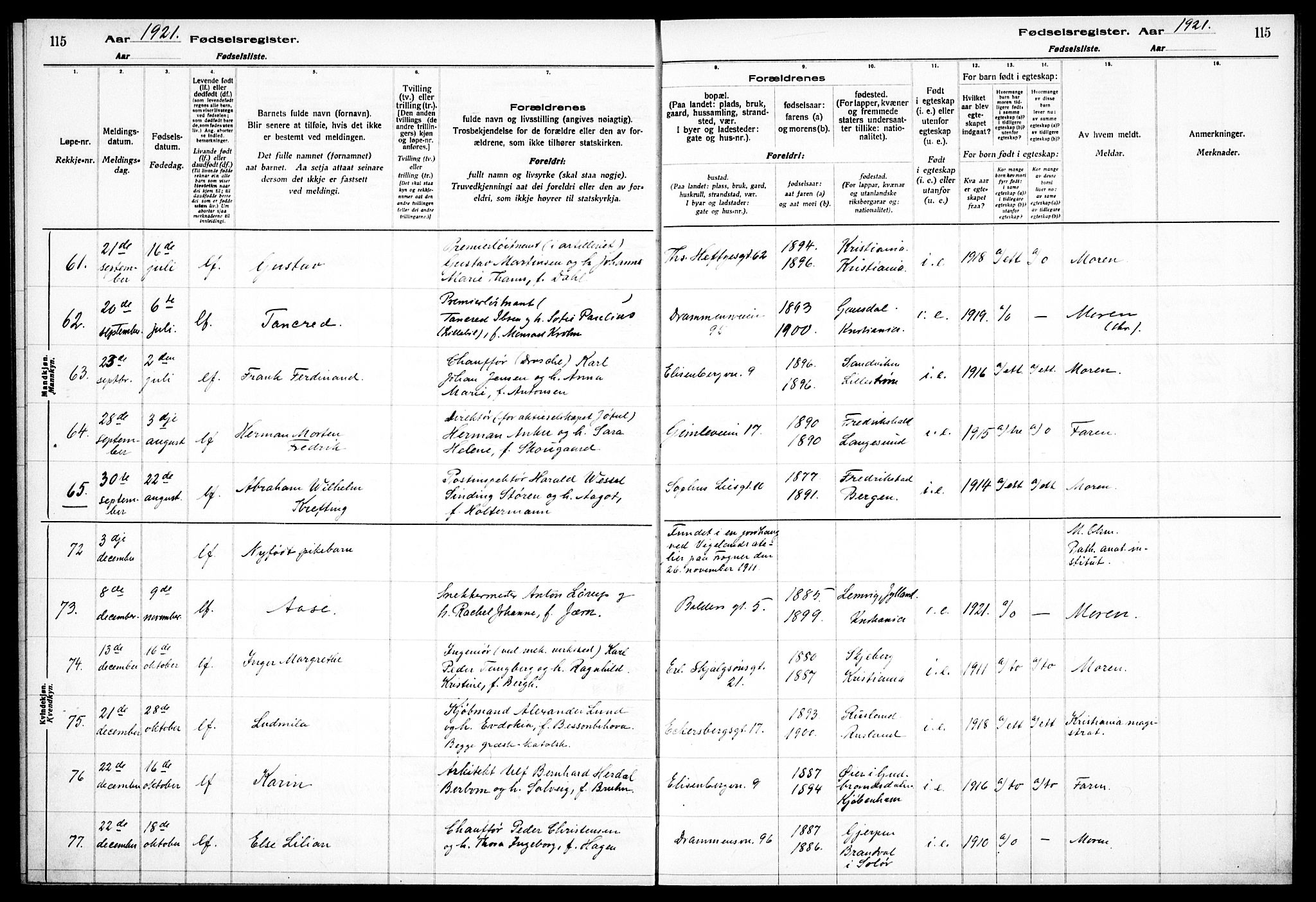 Frogner prestekontor Kirkebøker, AV/SAO-A-10886/J/Ja/L0001: Fødselsregister nr. 1, 1916-1927, s. 115