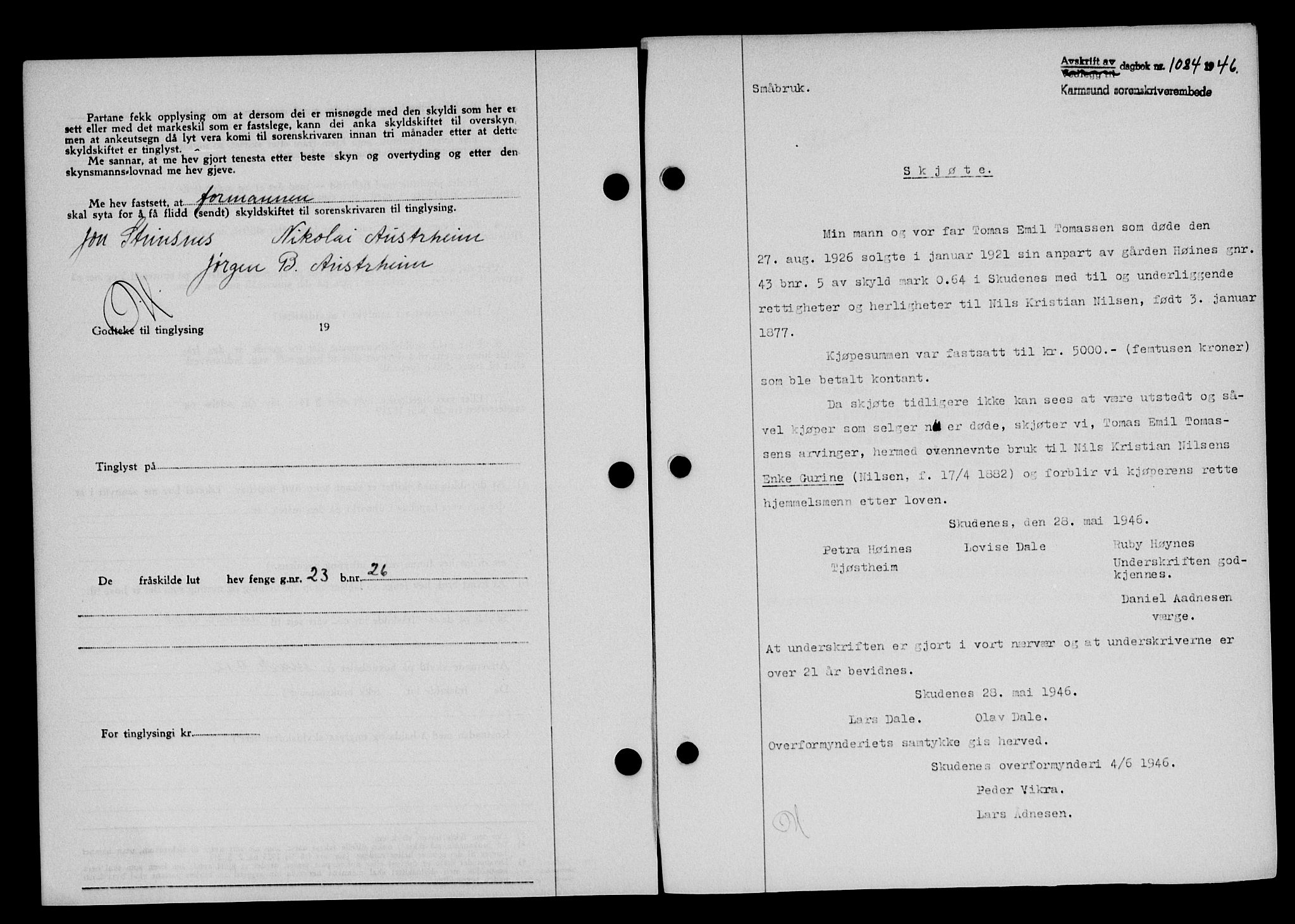 Karmsund sorenskriveri, AV/SAST-A-100311/01/II/IIB/L0085: Pantebok nr. 66A, 1946-1946, Dagboknr: 1084/1946